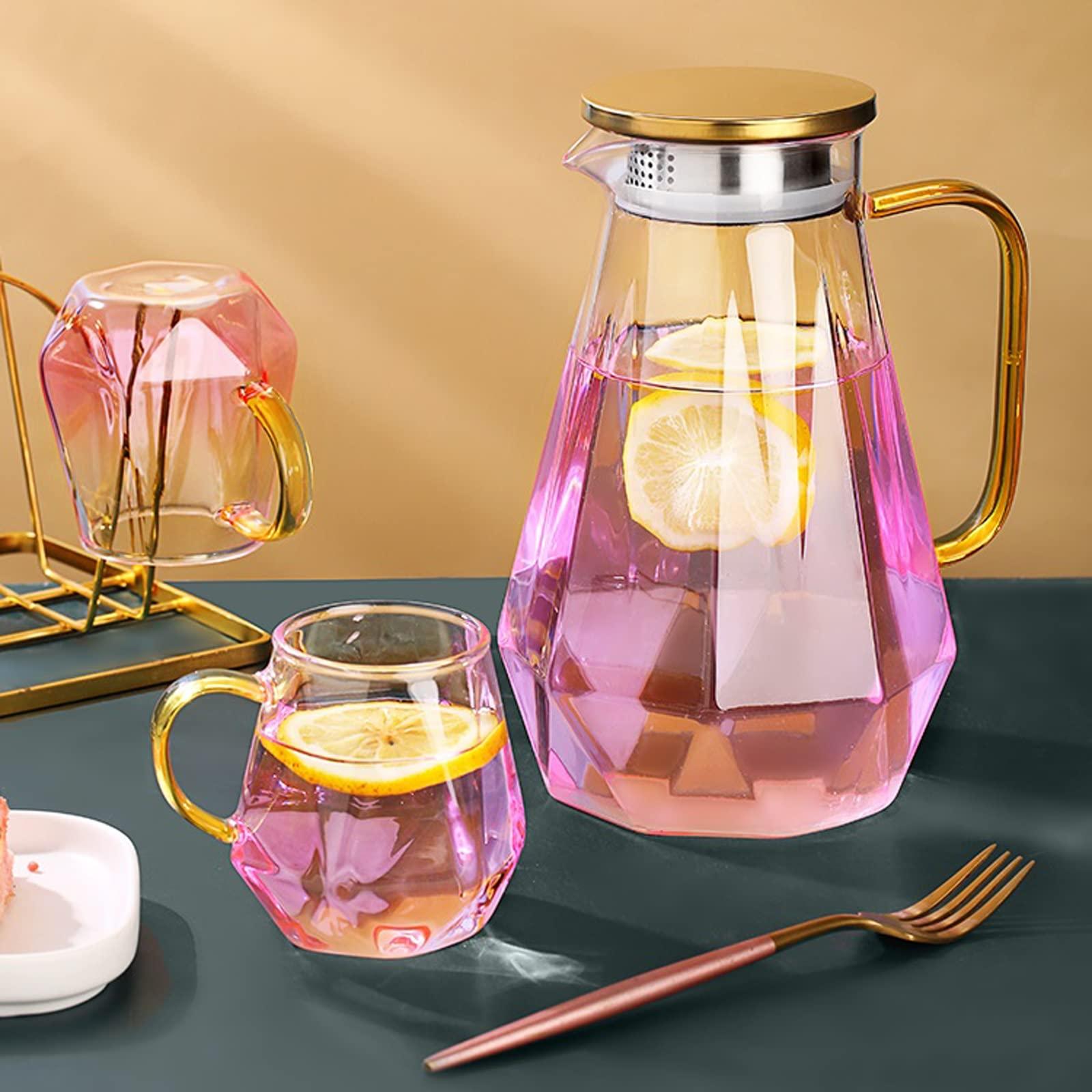 FACMAS Pitchers Beverage Pitchers Creative Glass Water Kettle Set Brings Mug Tray 1500ml Pink Clear Pitcher Flower Fruit Tea Set Afternoon Teatime Drinkware for Juice Milk Cold or Hot Beverages (Color : A)