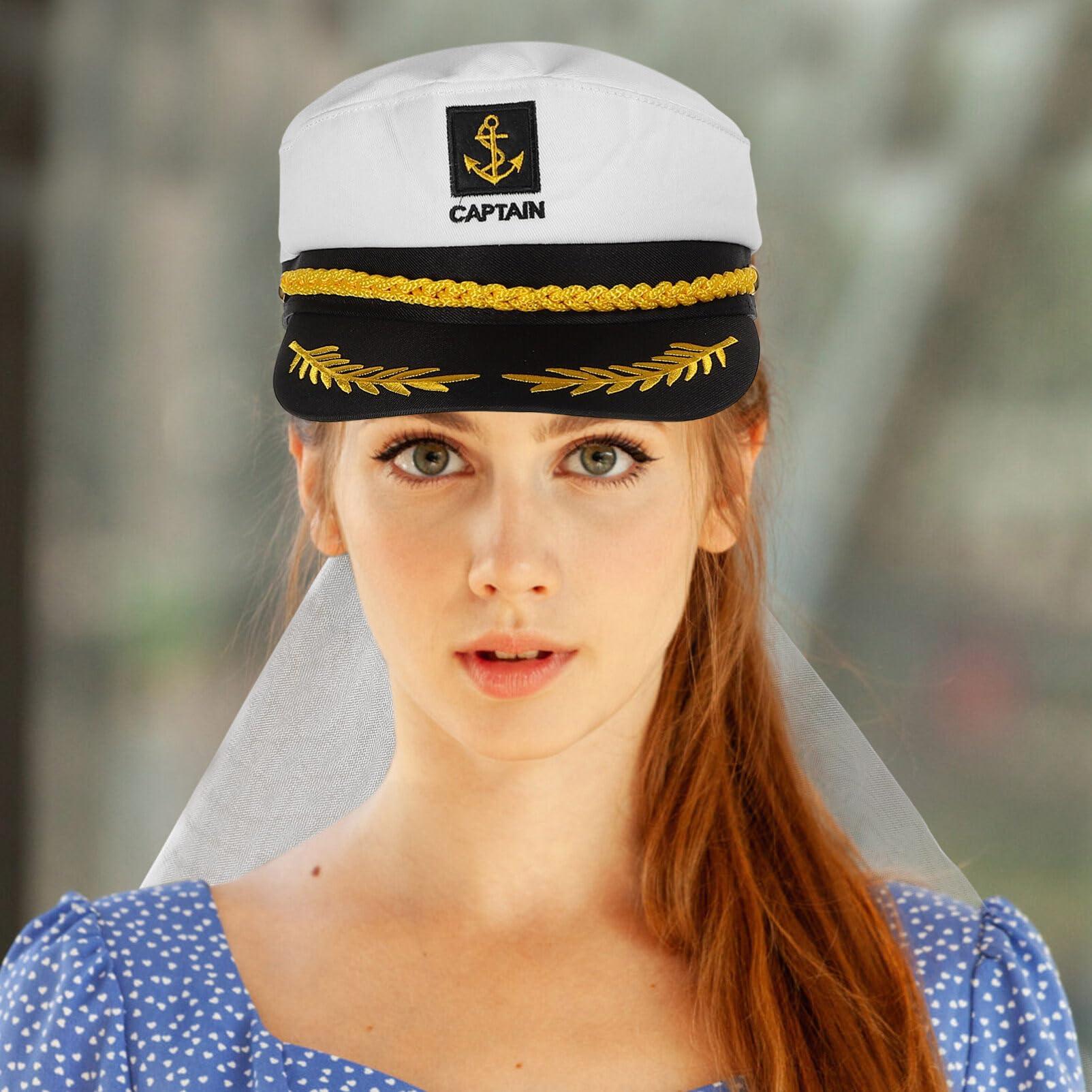 VOSAREA VOSAREA Bridal Sailor Captain Hat with White Veils Bachelorette Party Favor Bridal Party Hats Bride Cap for Bride to Be Beach Boat Nautical Yacht Cosplays Costumes