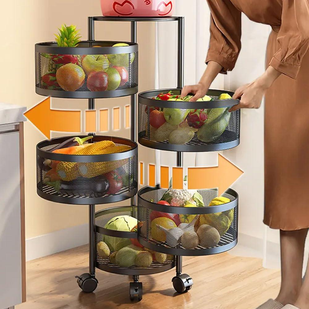Johofiow Johofiow 5 Tier Vegetable Basket Large Storage Rack with Wheels, Rotating Metal Kitchen Storage Basket Rolling Cart with Metal Top Lid, Wire Basket Organizer for Potato Onion Bread Banana