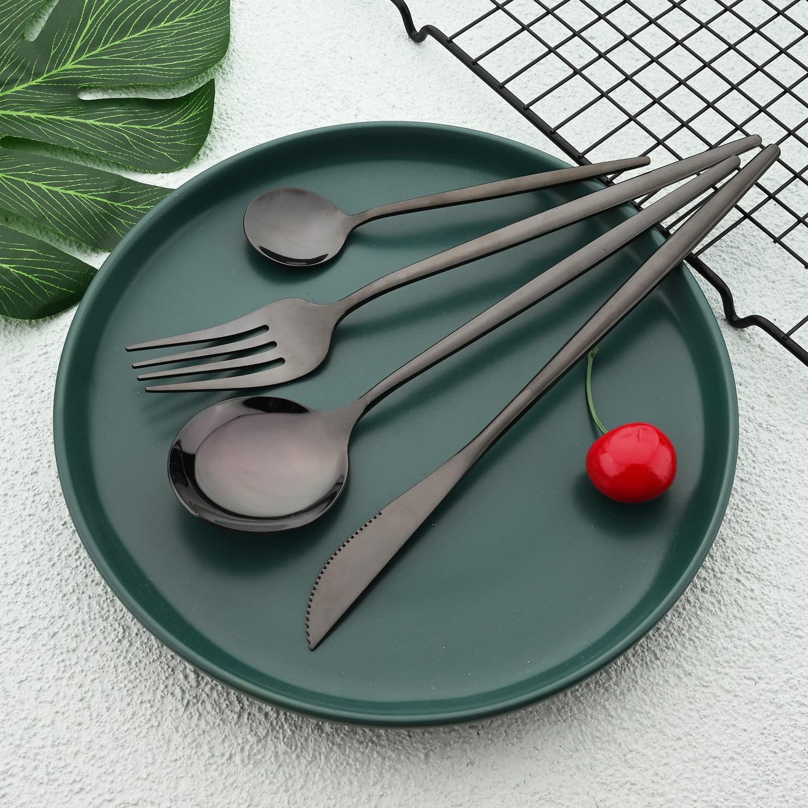 BRIIEC 24pcs Black Dinnerware Flatware Set BRIIEC Stainless Steel Cutlery Set Fork Knife Spoon Tableware Set Silverware Set Service for 6 Mirror Polished, Dishwasher Safe