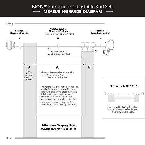 MODE MODE Farmhouse Collection 1 1/8" Diameter Curtain Rod Set with Cottage Square Curtain Rod Finials and Steel Wall Mounted Adjustable Curtain Rod, Fits 72 to 144 Windows, Weathered Black