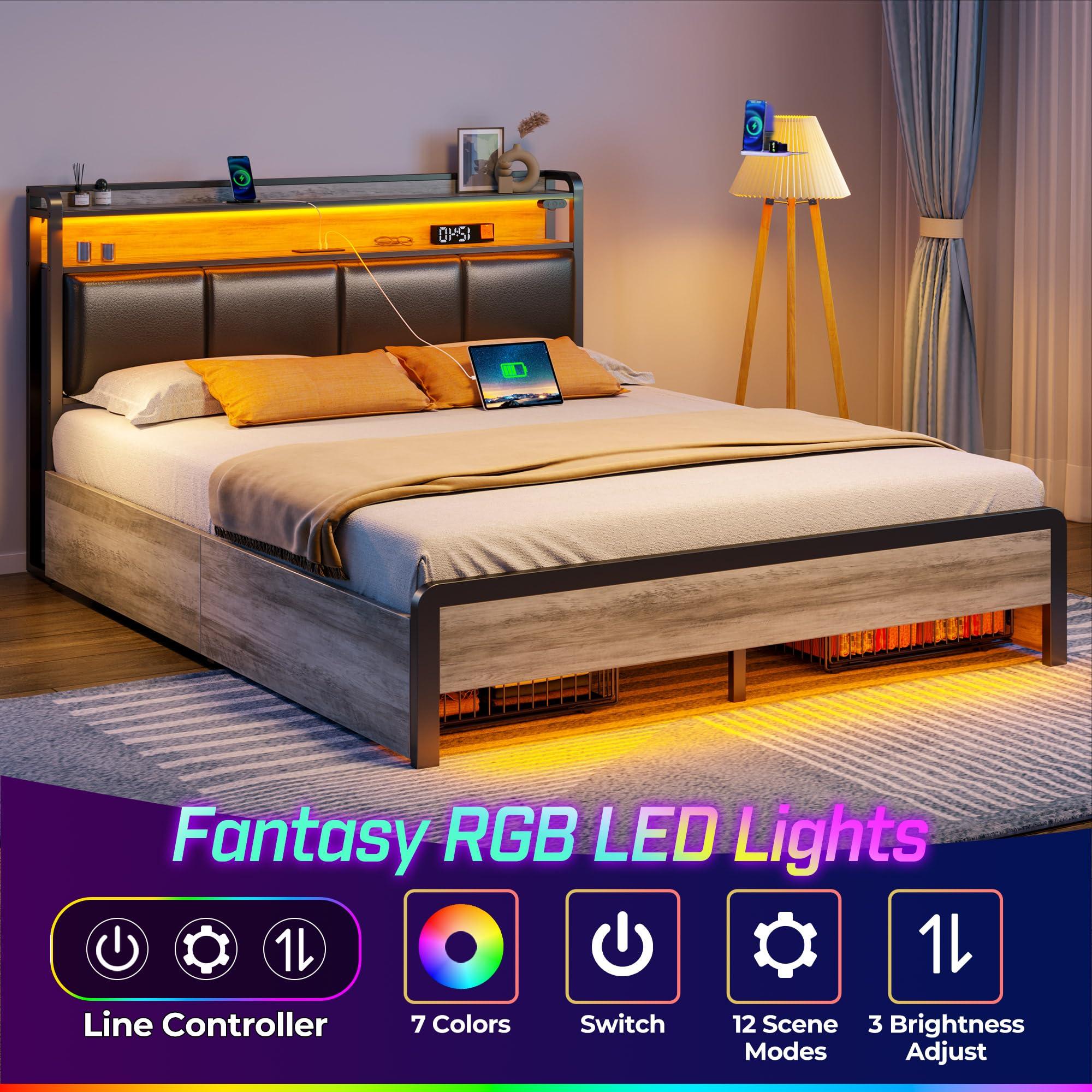 Rolanstar Rolanstar Bed Frame Full Size with Charging Station and LED Lights, Upholstered Storage Headboard with Drawers, Heavy Duty Metal Slats, No Box Spring Needed, Easy Assembly, Vintage Grey and Black