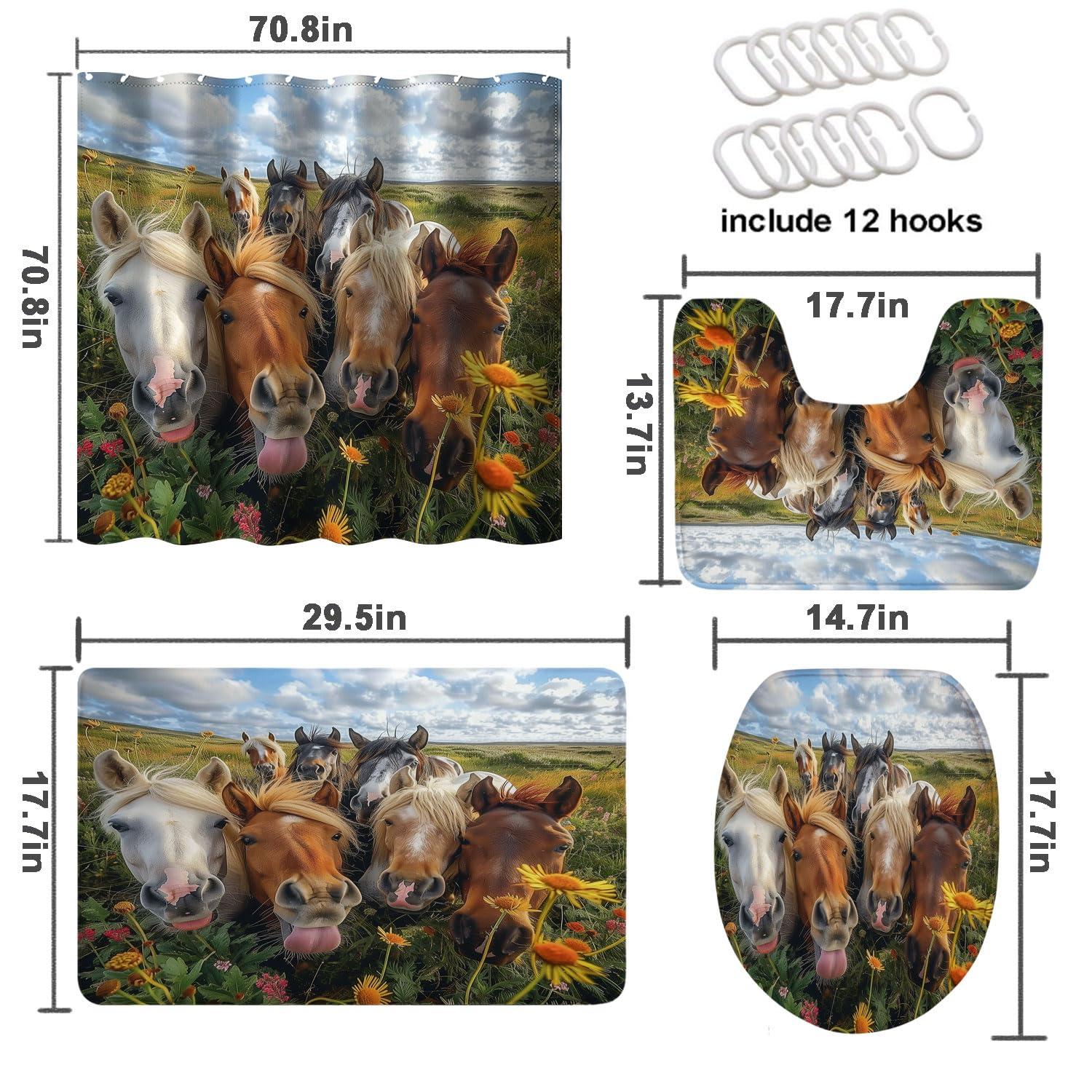 TprklhonE 4 Pcs Smiling Horse Shower Curtain Set with Non-Slip Rugs, Toilet Lid Cover and Bath Mat Wild Brown Horse Wild Animal Bathroom Decor Sets Accessories with 12 Hooks