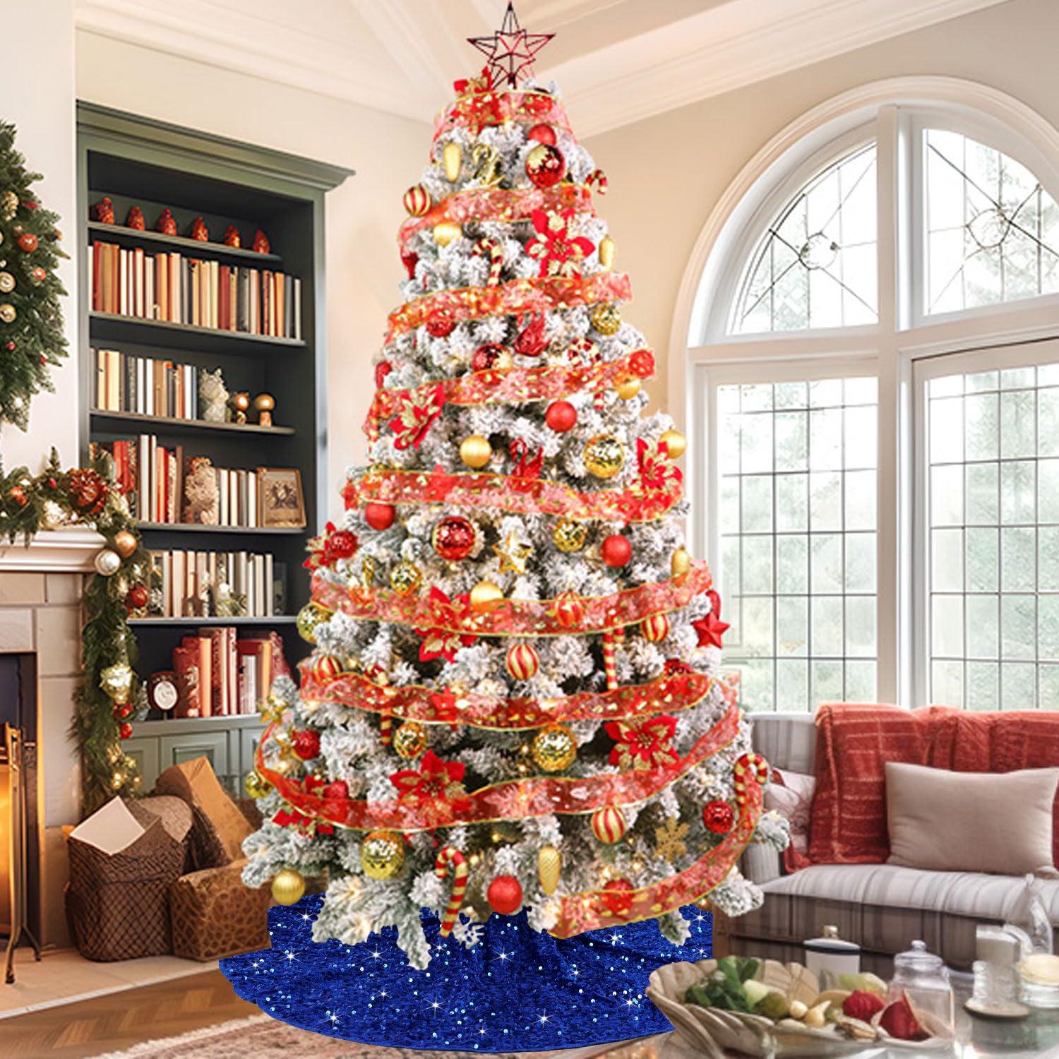 PATYDEST Christmas Tree Skirts 46 Inch Royal Blue Velvet Christmas Tree Skirt Sequin Christmas Tree Mat Rustic Tree Skirt Blue Tree Skirts for Artificial Trees Indoor Outdoor Home Blue Christmas Tree Ornaments