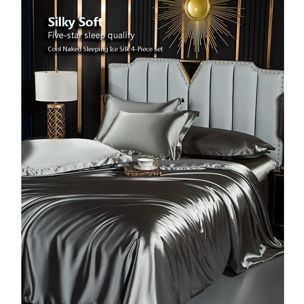 Generic Satin Duvet Cover Set King Double/Full Luxury Silky Silk Sateen Bedding Duvet Cover Set with Zipper Closure 4 Pieces,1 Duvet Cover +1 Fitted Sheet +2 Pillow Sham