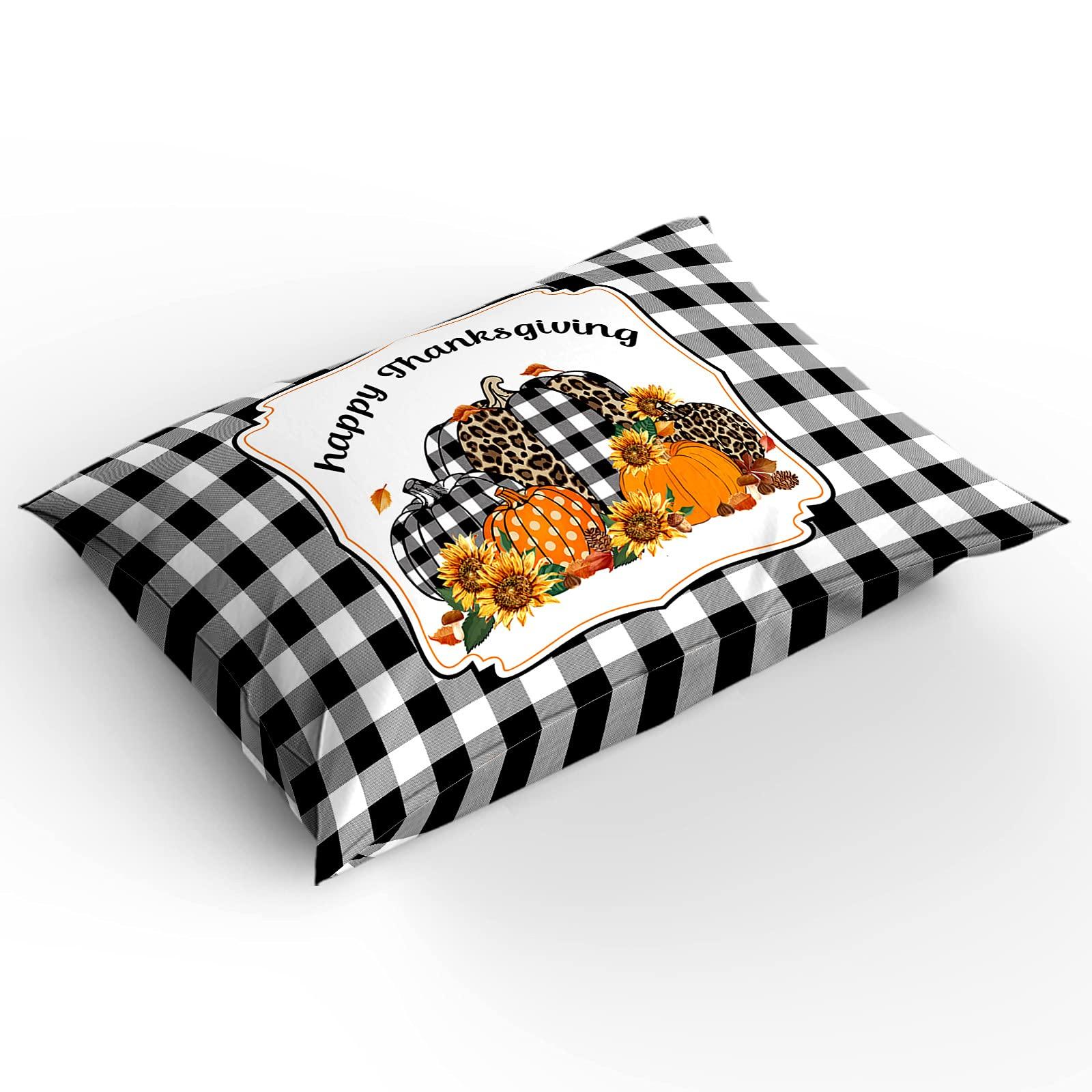 YESOF66 YESOF66 Zipper Duvet Cover Set Soft Comforter Cover Set for Girls Boys,Happy Thanksgiving Pumpkins Black White Lattice Daisy Bedding Sets Twill Plush Bed Sheet Set,Full Size