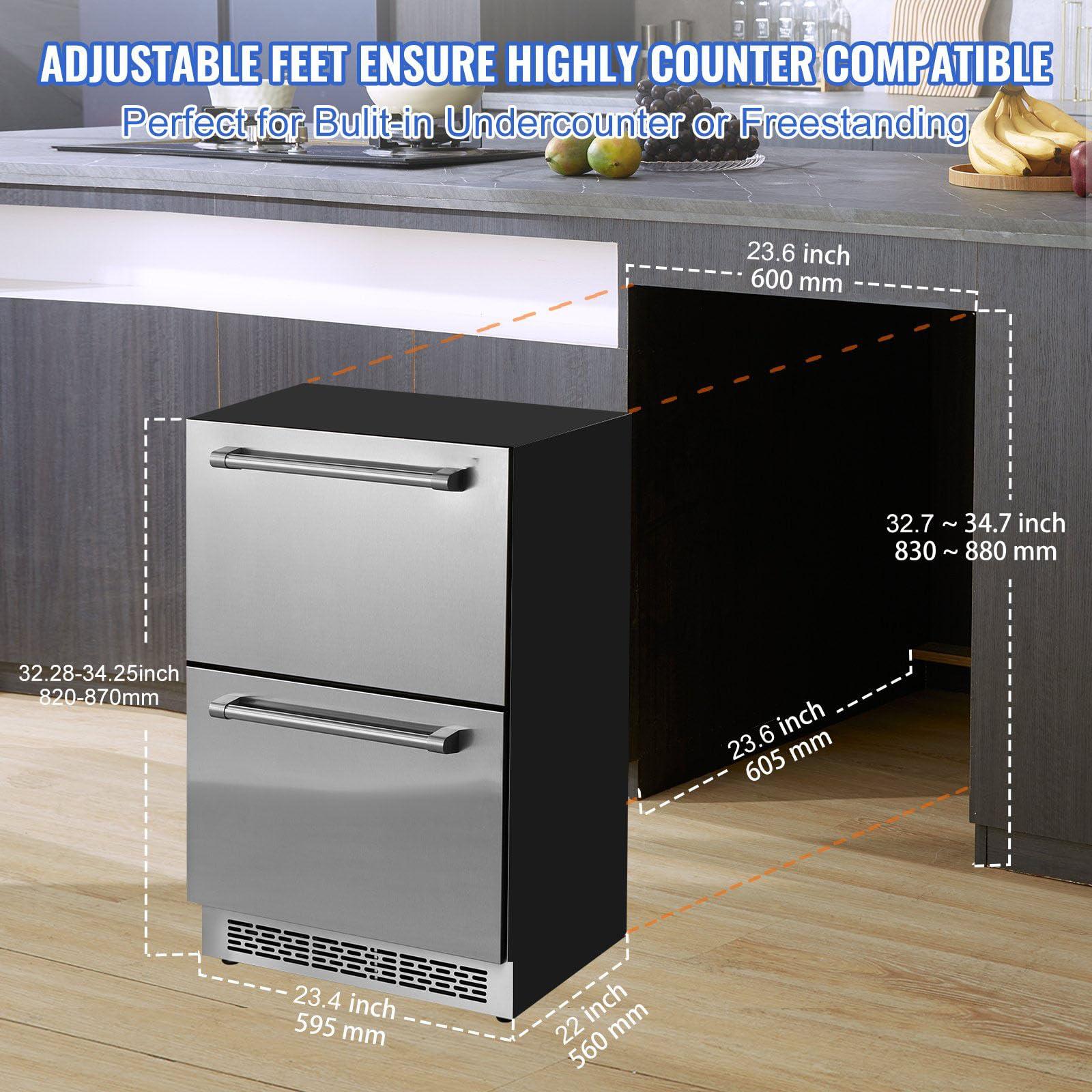 FITTG FITTG 24-inch Undercounter Refrigerator 2 Drawer Wine Refrigerator 4.87 Cu.ft. Capacity Waterproof Indoor Outdoor Under Counter Drawer Fridge Home Commercial Use, None*None*None, silver, 102XBV003151