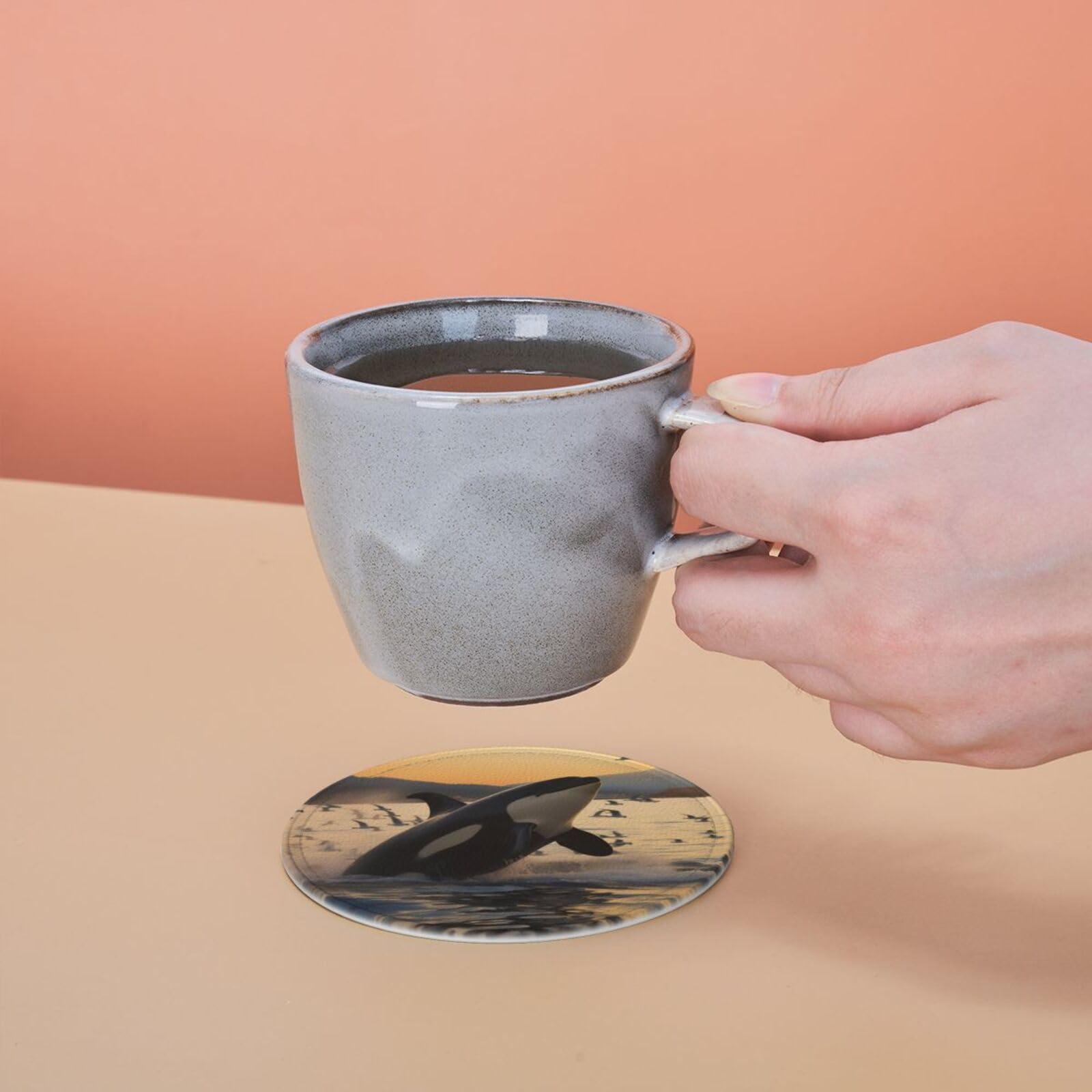 ZLYYXY Stylish Coasters - Killer Whale Set of 6 Round Leather Drink Coasters with Holder - Perfect Size for Cups and Glasses