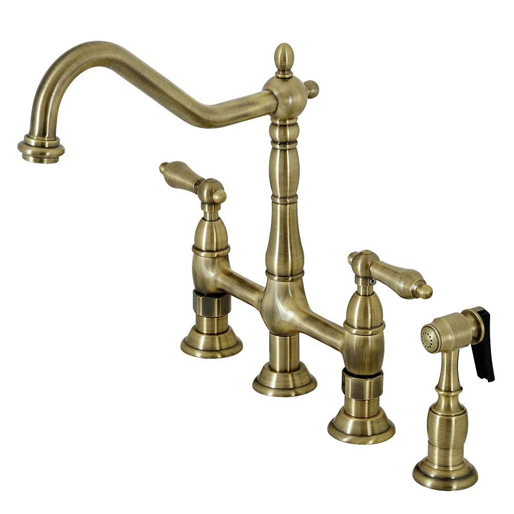 Kingston Brass Kingston Brass KS1273ALBS Heritage 8-Inch Kitchen Bridge Faucet with Brass Sprayer, Antique Brass