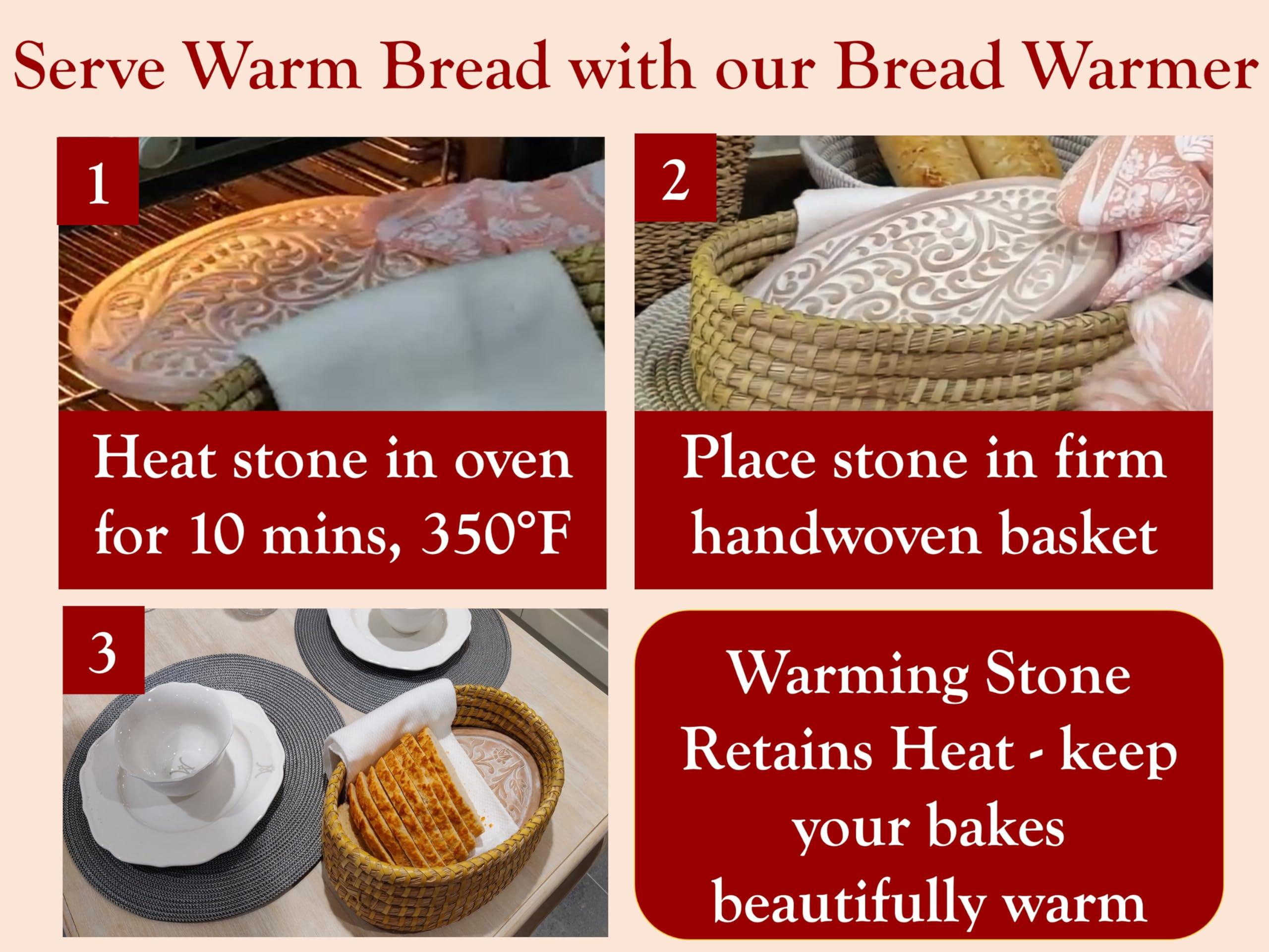 HofArtisan Bread Warmer Basket with Stone - Bread Baskets for Serving Rolls Warming Tortilla, Gift for Bakers Sourdough, Hostess Gifts New Home, Mom Dad Birthday