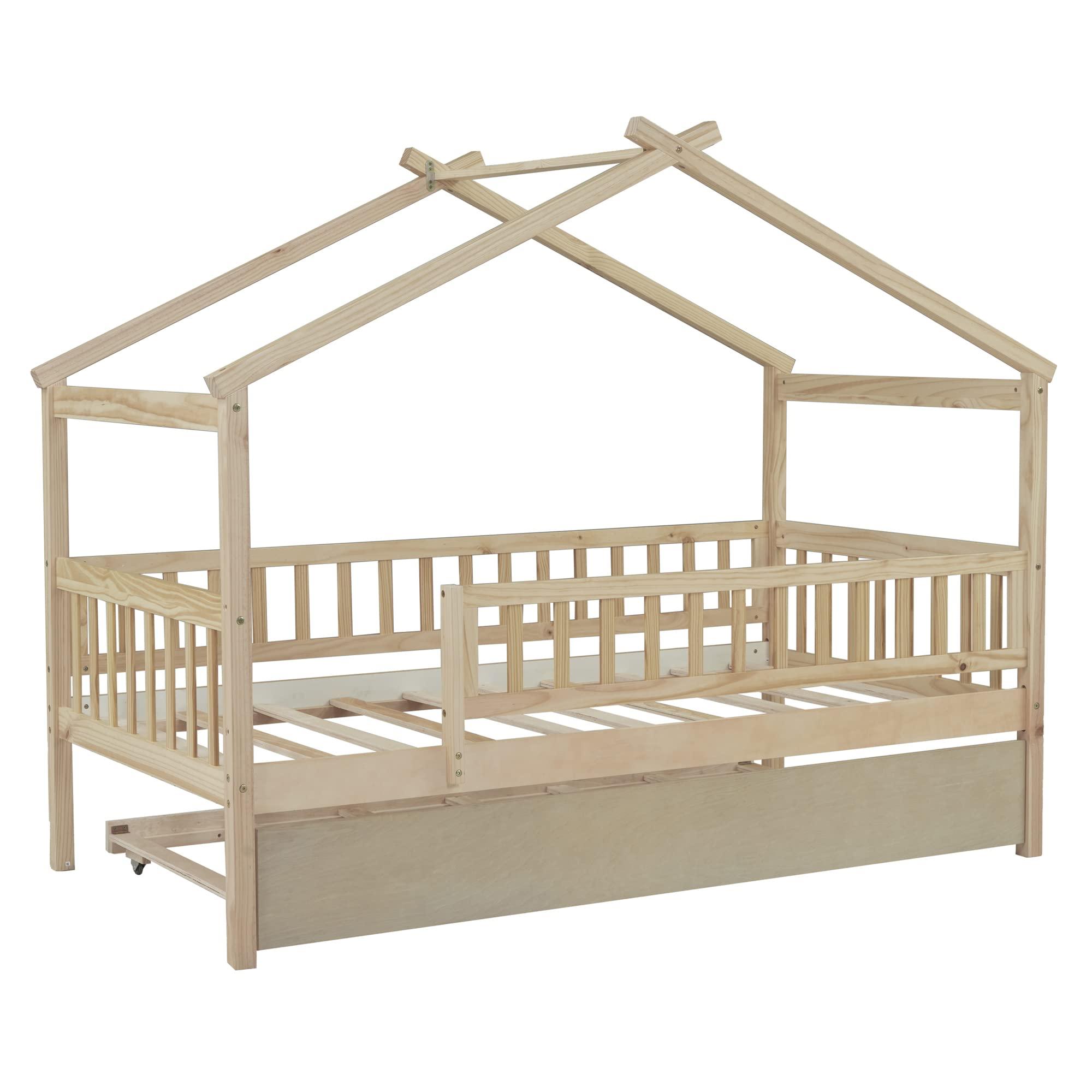 Yoglad Yoglad Twin Size Wooden House Bed with Twin Size Trundle and Fence-Shaped Guardrail, House Bed Frame Can Be Decorated Wood Playhouse for Girls, Boys (Natural)