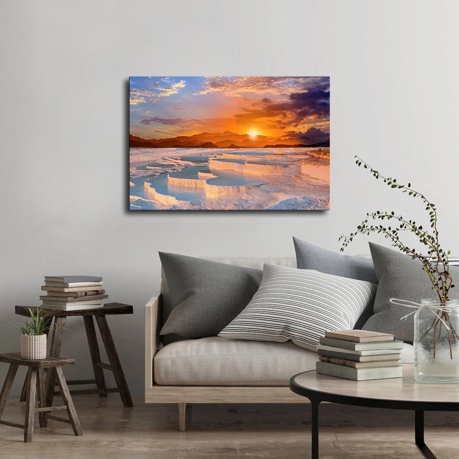 CSYYJY CSYYJY Beautiful sunrise and natural travertine pool terrace in Pamukkale Poster Canvas Printing Wall Art Painting HD Artwork for Bedroom Home Decoration (16x24inch-Framed)