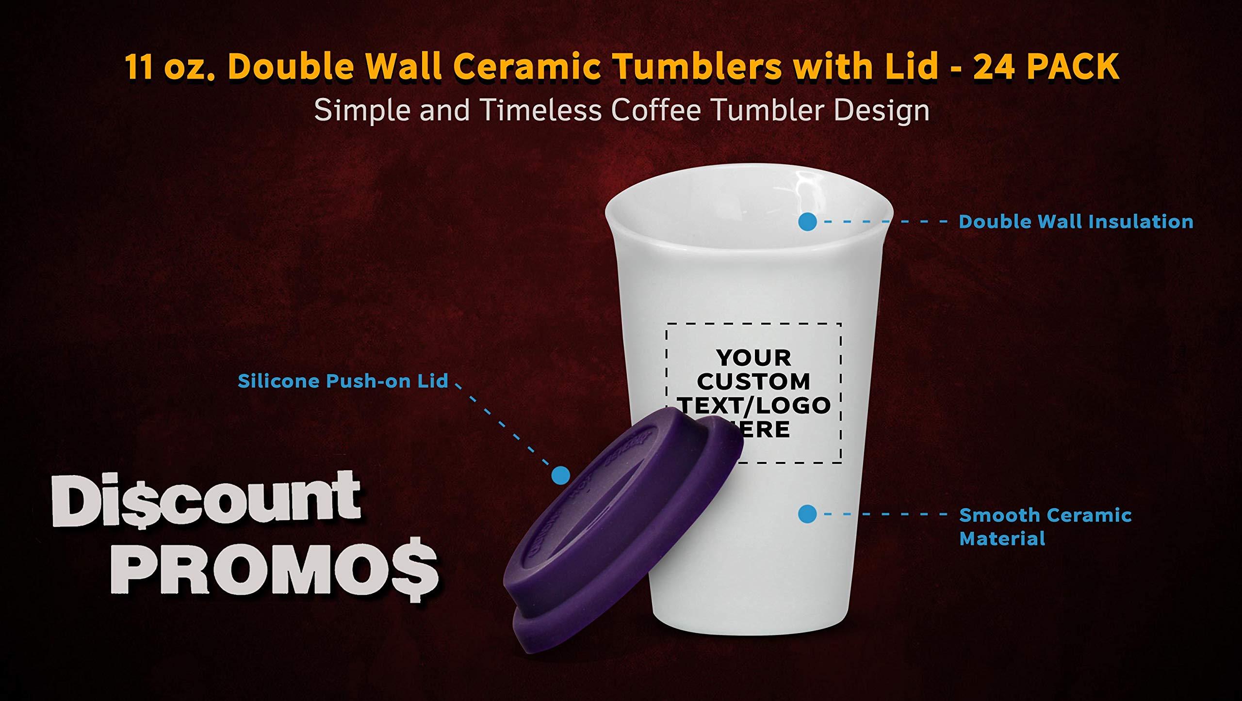 DISCOUNT PROMOS Personalized 11 oz. Double Wall Ceramic Tumblers with Lid - 24 Pack - Custom Text, Logo - Purple