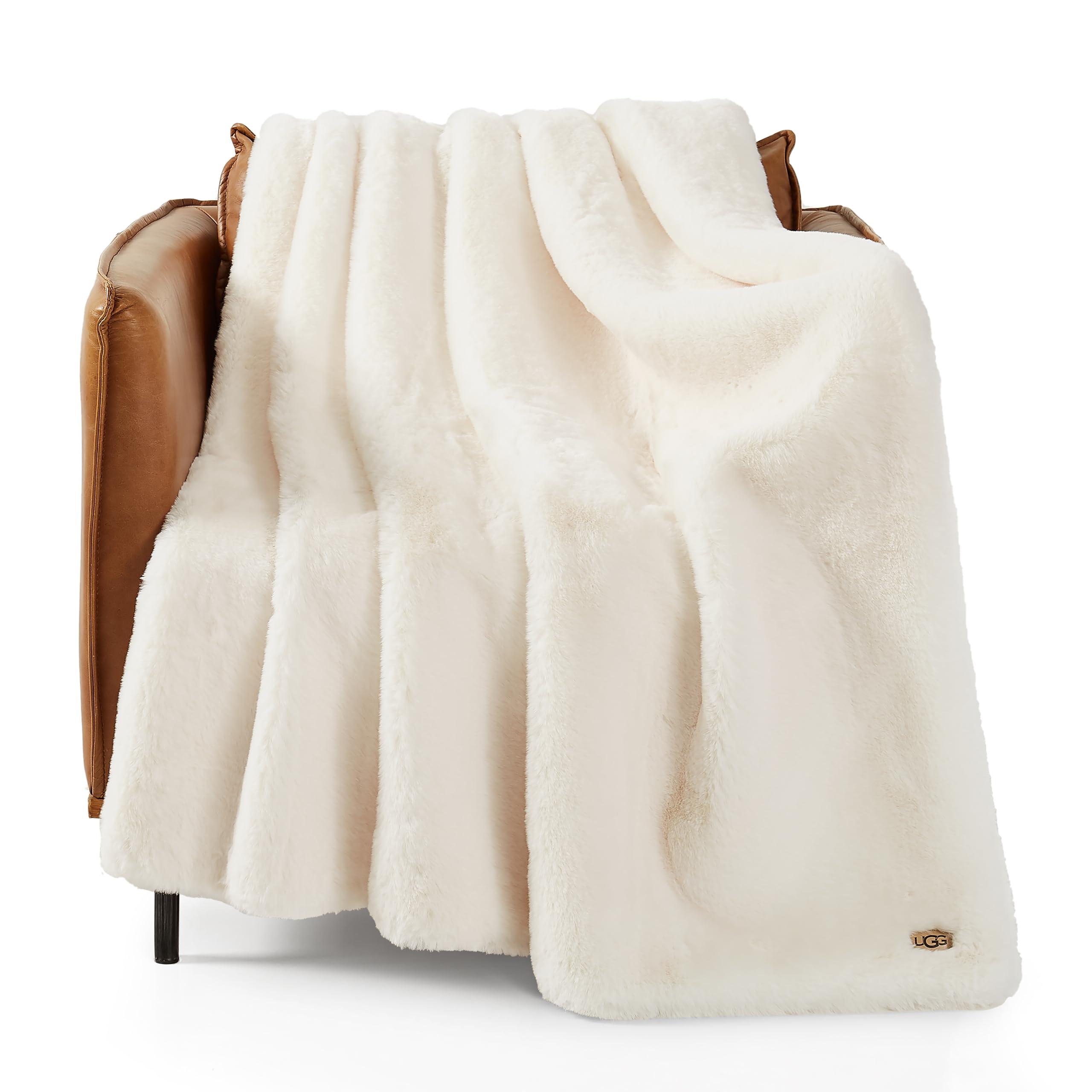 UGG UGG 16796 Euphoria Plush Faux Fur Reversible Throw Blanket for Couch or Bed Luxury Hotel Style Machine Washable Soft Cozy Home Decor Fuzzy Fluffy Sofa Blanket, 70 x 50-Inch, Snow