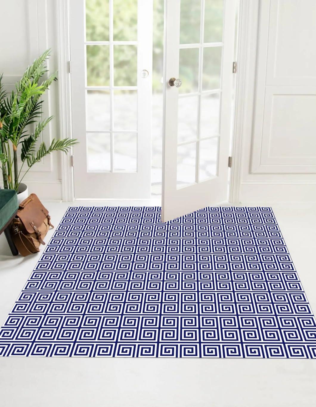 Yeifbft Oriental Traditional Blue Maze Pattern Area Rug 9x9 Square Washable Living Room Dining Room Carpet Non Slip Stain Resistant Soft Low Pile Office Bedroom Kitchen Throw Rugs