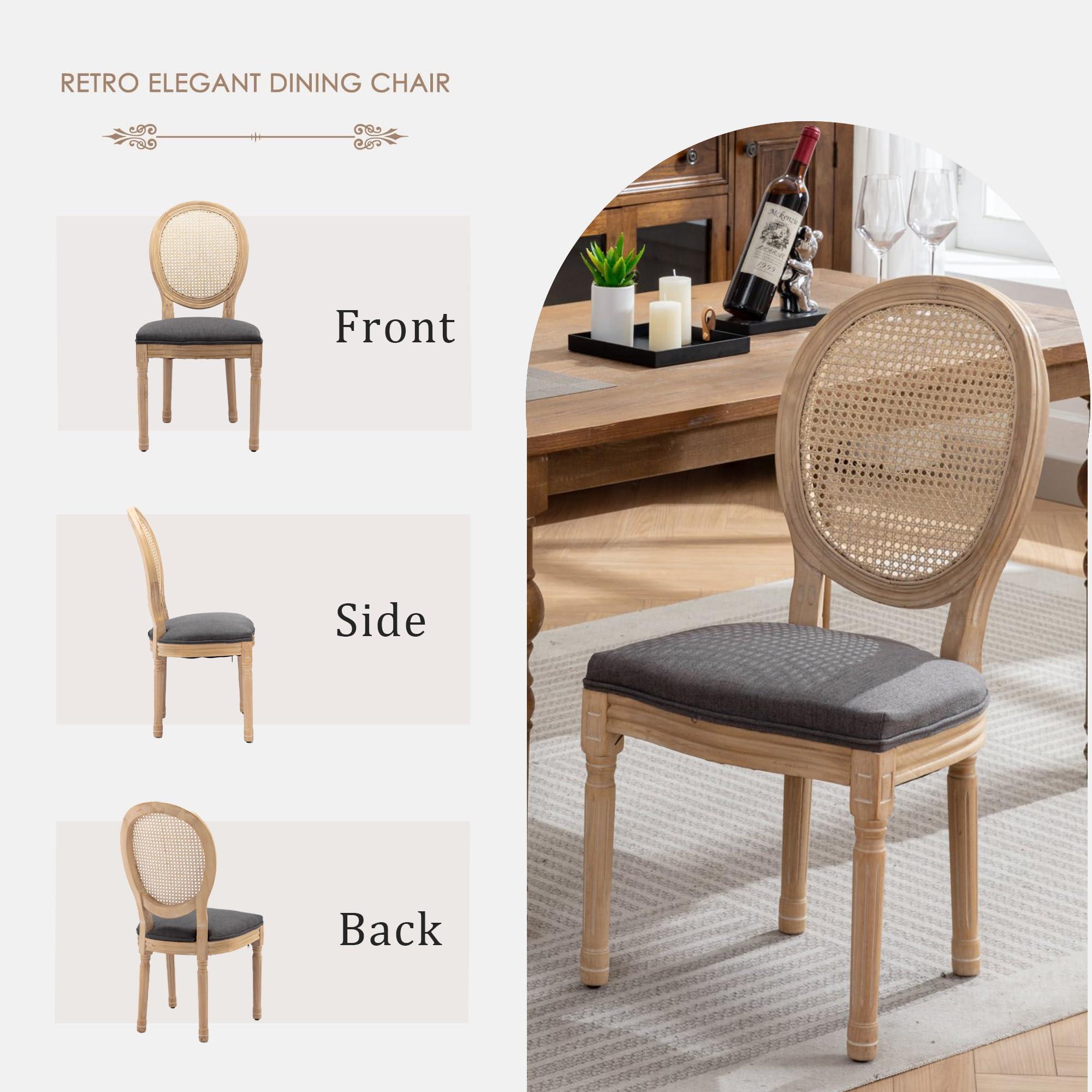 HMFULE HMFULE French Country Dining Chairs Set of 2, Rattan Dining Chair with Linen Fabric and Carved Solid Wood Frame Farmhouse Dining Room Chairs for Living Room, Kitchen, Restaurant Rattan Grey