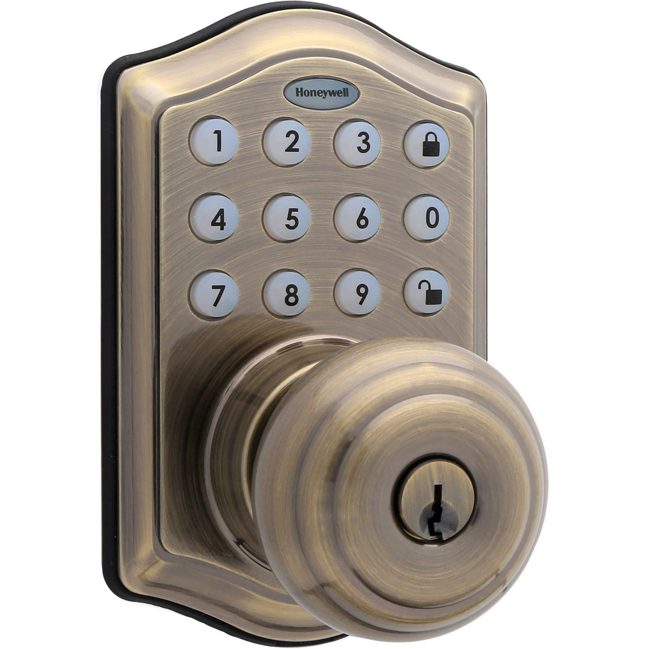 Honeywell Honeywell Safes & Door Locks - Keyless Entry Smart Electronic Door Knob Lock with Digital Keypad - Auto Lock - 50 Different User Pin Codes - 1 Touch Locking - Antique Brass - 6.5x8.8x9 in - 8732101