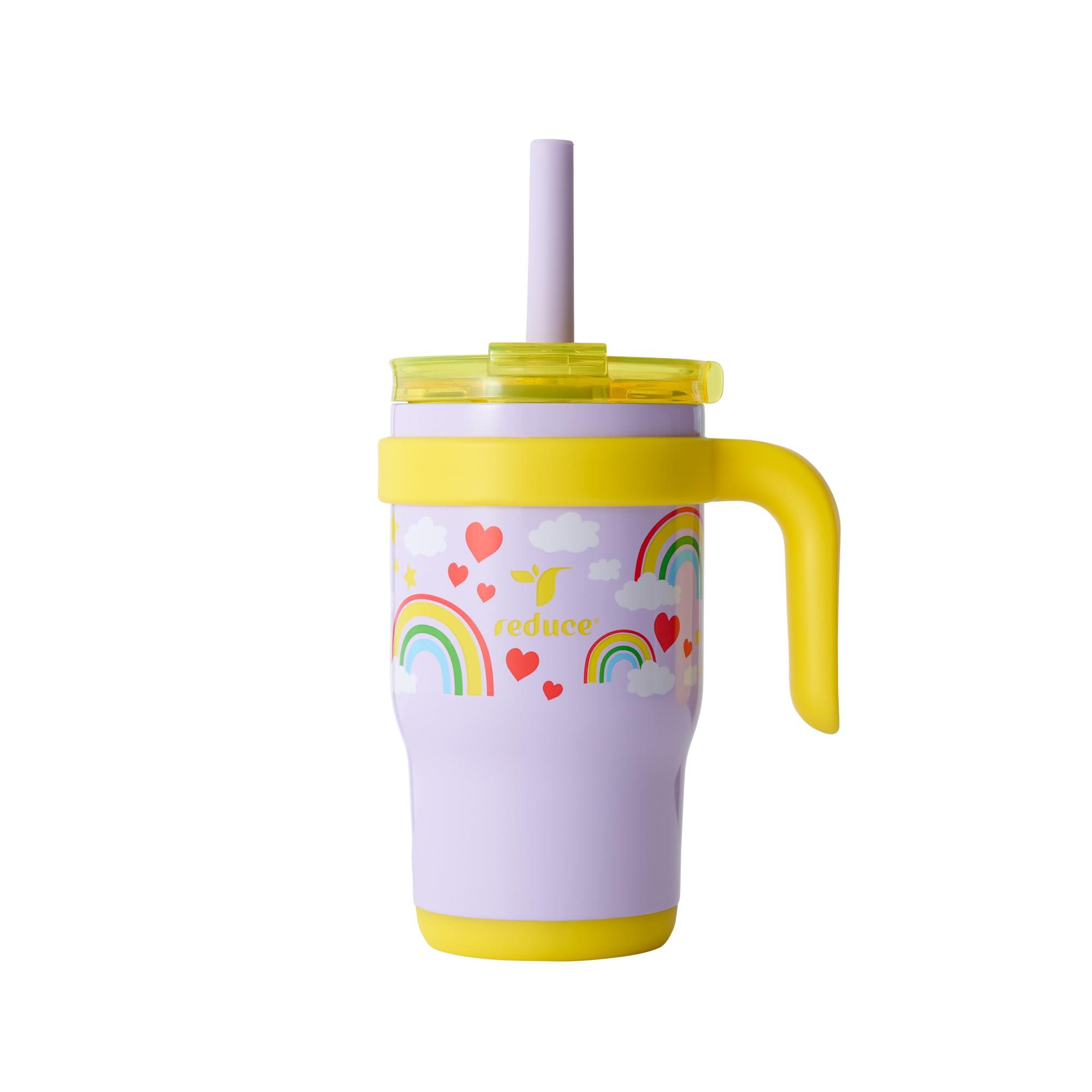 REDUCE REDUCE 14 Oz Coldee Kids Tumbler with Lid and Straw - Coldee Insulated Travel Mug - Spill-Proof, Sweatproof Stainless Steel, BPA-Free - Includes Handle, Reusable Silicone Straw - Rainbow Sky