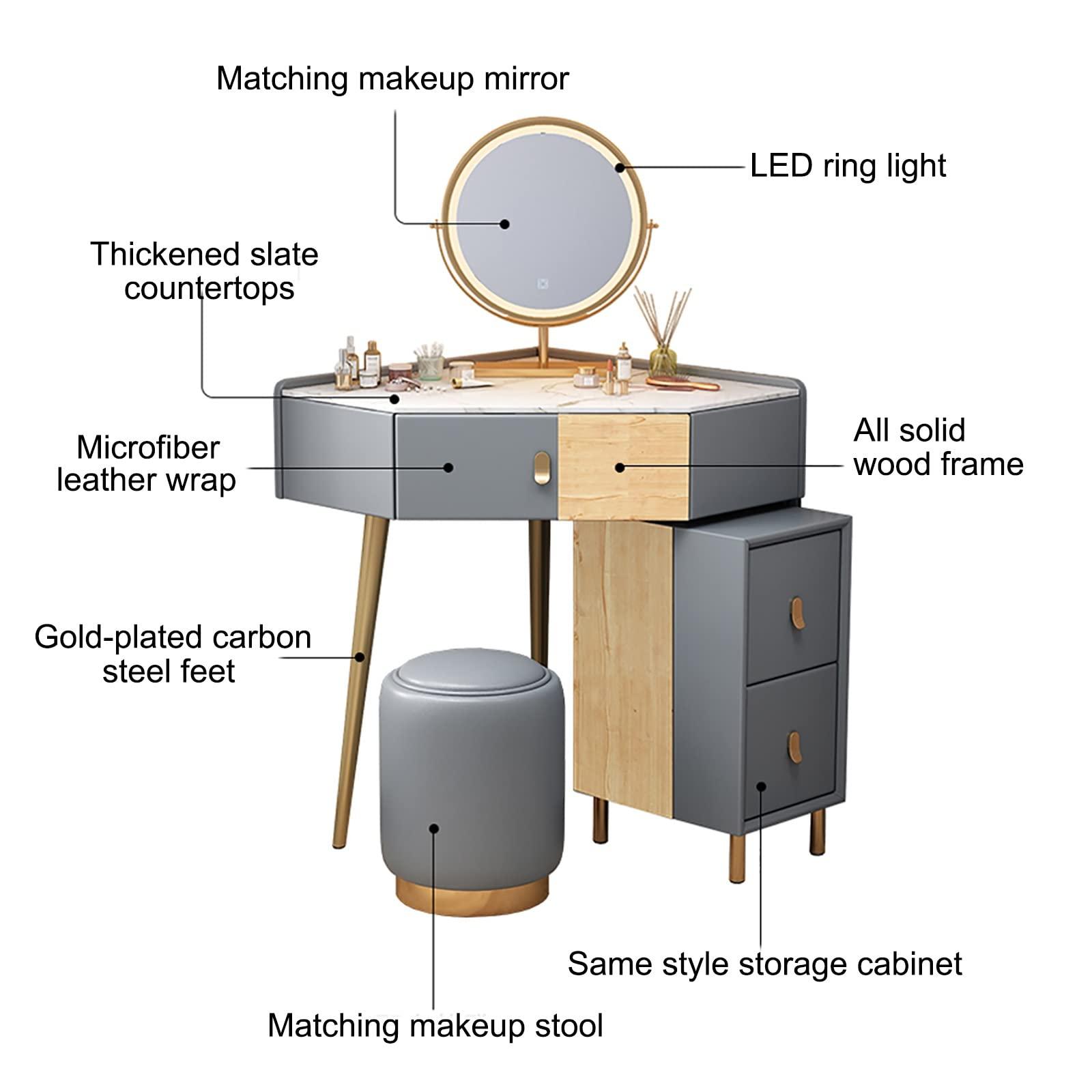 REALN REALN Corner Vanity Set with Lighted Mirror, Makeup Dressing Table with Drawers, Cabinet and Cushioned Stool, Girls Vanity Desk for Dressing Room, Bedroom (Color : Gray)