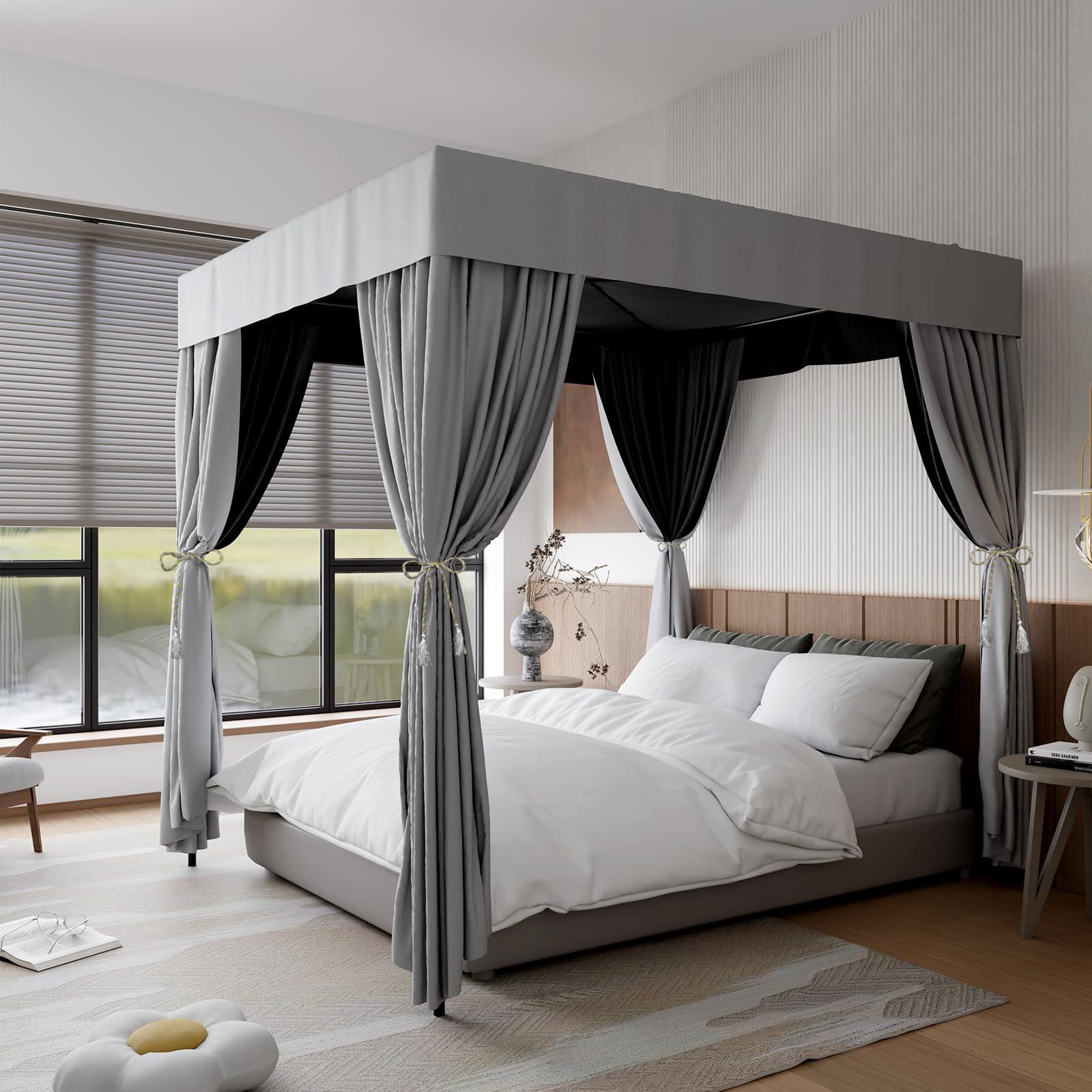 Hvqic Hvqic Grey Canopy Bed Curtains - 4 Corner Post Bed Curtains King Bed Curtains Lightproof Drapes Bed Canopy for Adults & Girls Bedroom Decoration(King,Grey)
