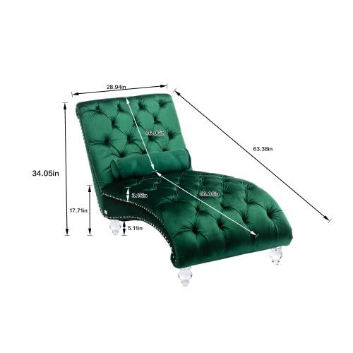 KT Rolster KT Rolster Chaise Lounge Chair Indoor, Small Chaise Lounge, Upholstered Chaise Lounge Chair, Mid Century Modern Velvet Chaise Lounge Chair with Acrylic Legs and Lumbar Pillow for Bedroom Living Room