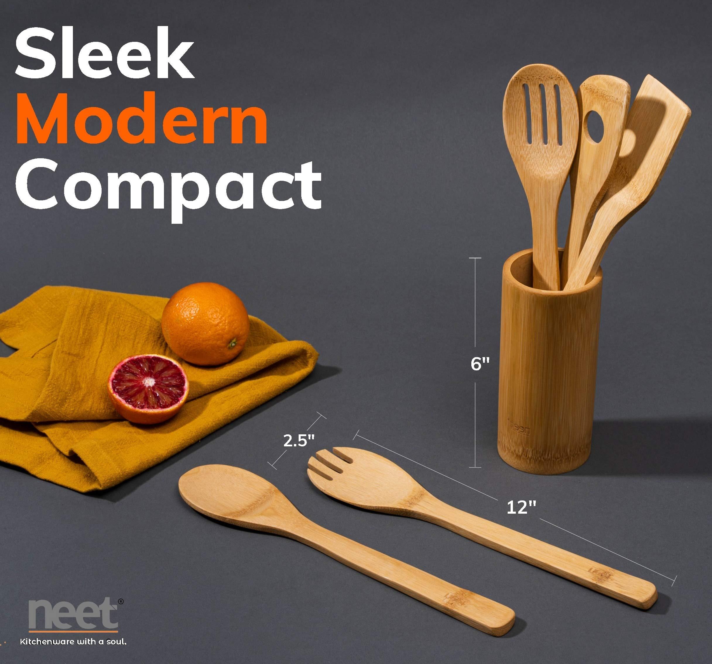 NEET Neet Wooden Spoons For Cooking 6 Piece Organic Bamboo Utensil Set With Holder Wood Kitchen Utensils Spatula Spoon For High Heat Stirring In Nonstick Pots & Pans Quality Gift & Everyday Use