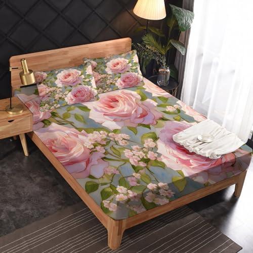 GEDAEUBA GEDAEUBA Pink Rose Sheets Full Size - Floral Bed Sheets for Kids Boys Girls, Botanical Sheet Set, Soft Microfiber & Deep Pocket & Wrinkle Free Fitted Sheet, Flat Sheet and Pillow Cases