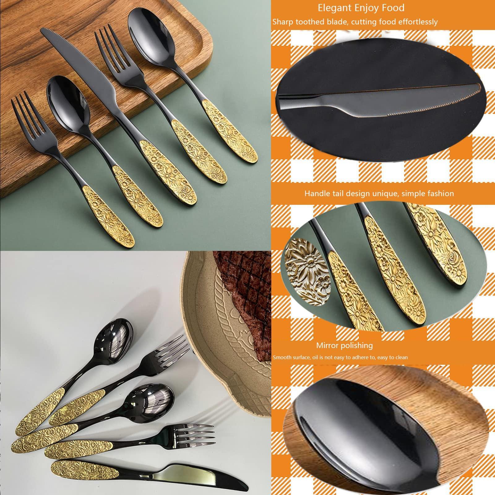 Thomaso Thomaso 40-piece Gold-Plated Silverware Flatware Cutlery Set,Sunflower Silverware Set,Gold Accent Flatware Set,18/0 Stainless Steel Flatware Cutlery Set,Black Gold Fork and Spoons Silverware Set for 8