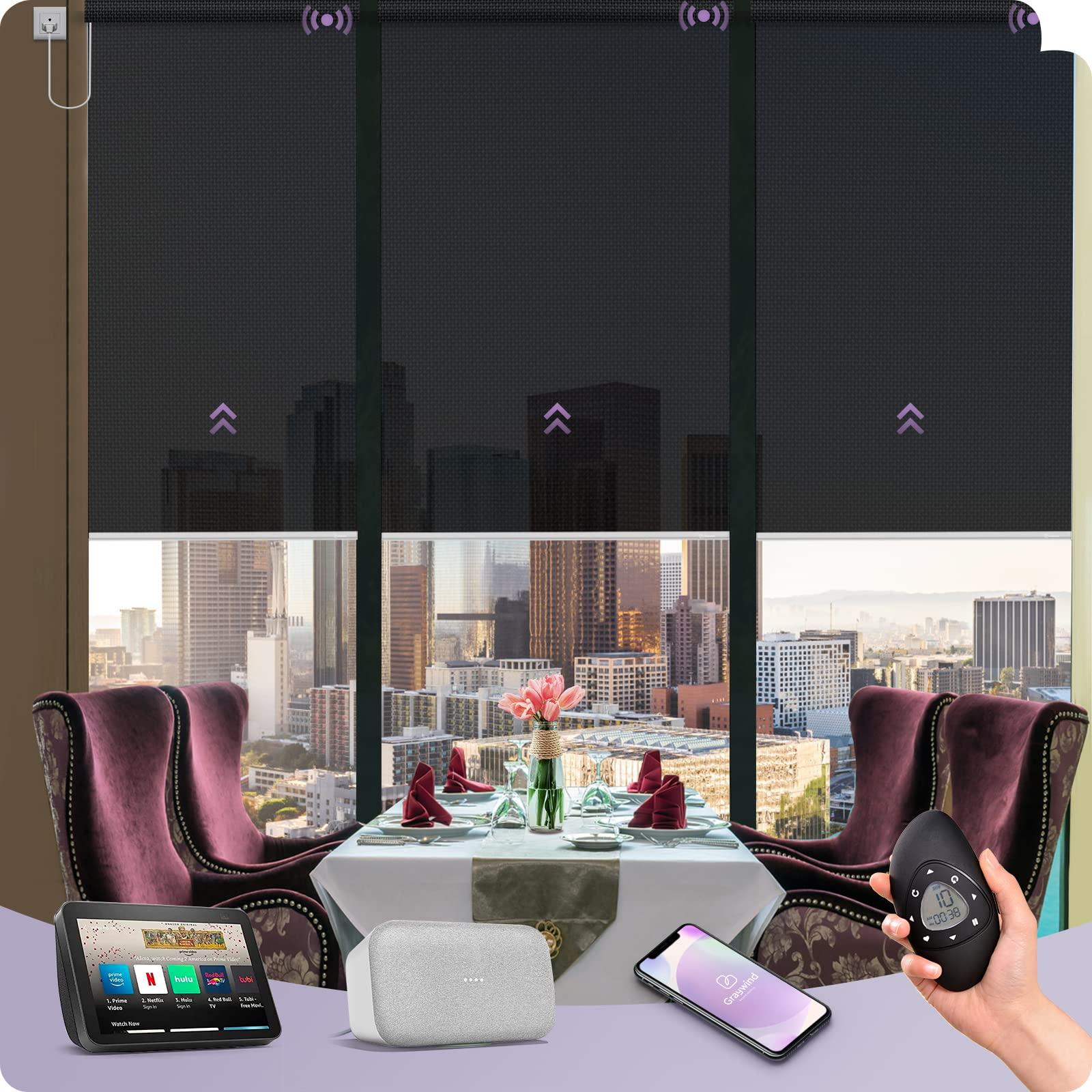 Graywind Graywind Motorized Solar Shades Compatible with Alexa Google Hardwired WiFi Smart Light Filtering Blind Remote Control Automated Blinds Electric Window Shade, Custom Size (5% Openness Black)