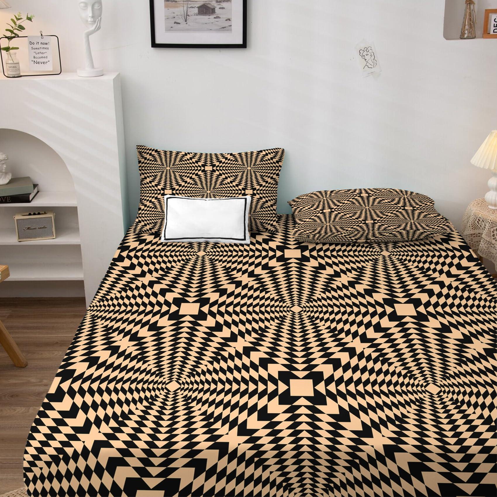 THYUNQ THYUNQ Optical Illusion Split King Sheets Sets for Adjustable Bed, Psychedelic Geometric Pattern Bedding Sheets & Pillowcases - 16 Inch Deep Pocket, Super Soft Microfiber Printed Sheet Set 5 Piece