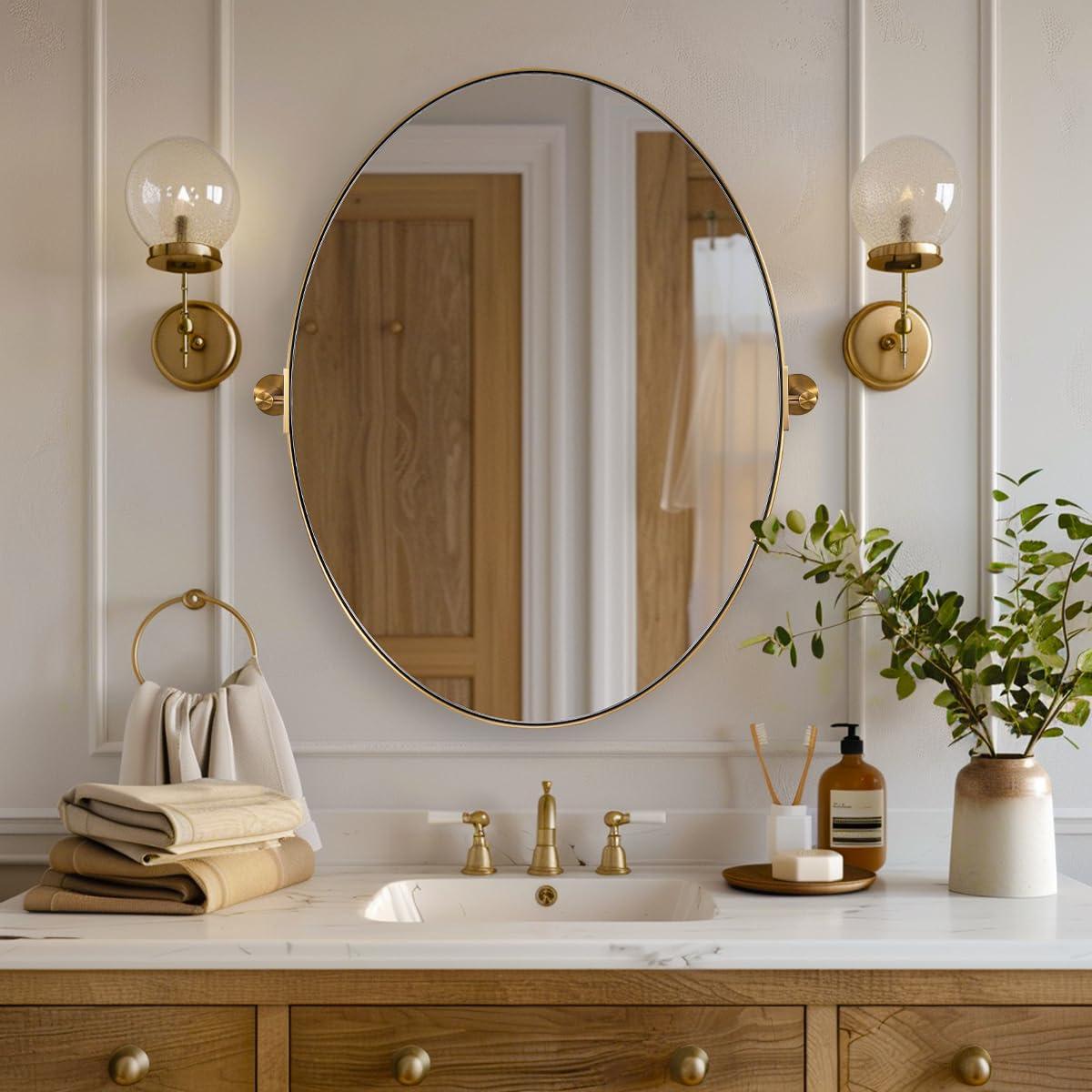 ANDY STAR ANDY STAR Gold Oval Mirror, Oval Pivot Bathroom Mirror, Brushed Gold Oval Pivot Mirror Bathroom Stainless Steel Metal Frame Tilting Vanity Wall Mirror Hangs Vertical