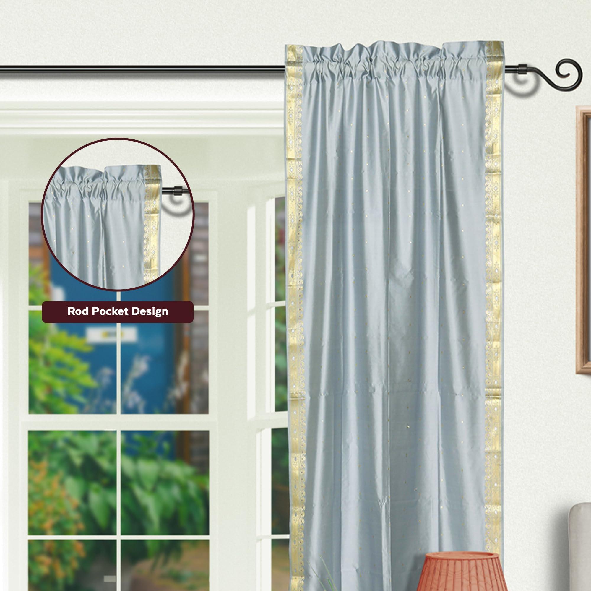 Indian Selections Lined Rod Pocket Sari Curtain 43" W x 63" L - Handcrafted Gray Indian Drapes with Lining, Offering Enhanced Privacy and Insulation, Perfect for Living Room/Bedroom, Sold in Pairs