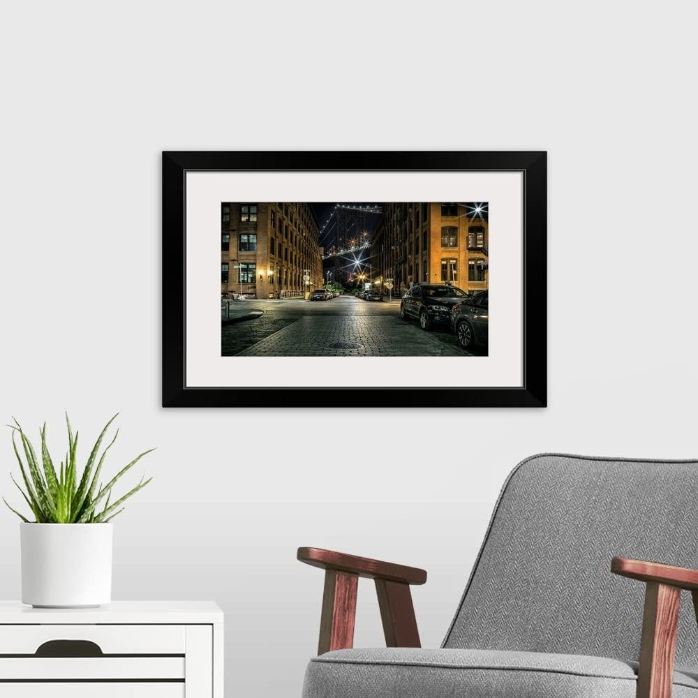 GREATBIGCANVAS GREATBIGCANVAS Manhatten Bridge and Streets from Black Framed Wall Art Print, New York City Artwork