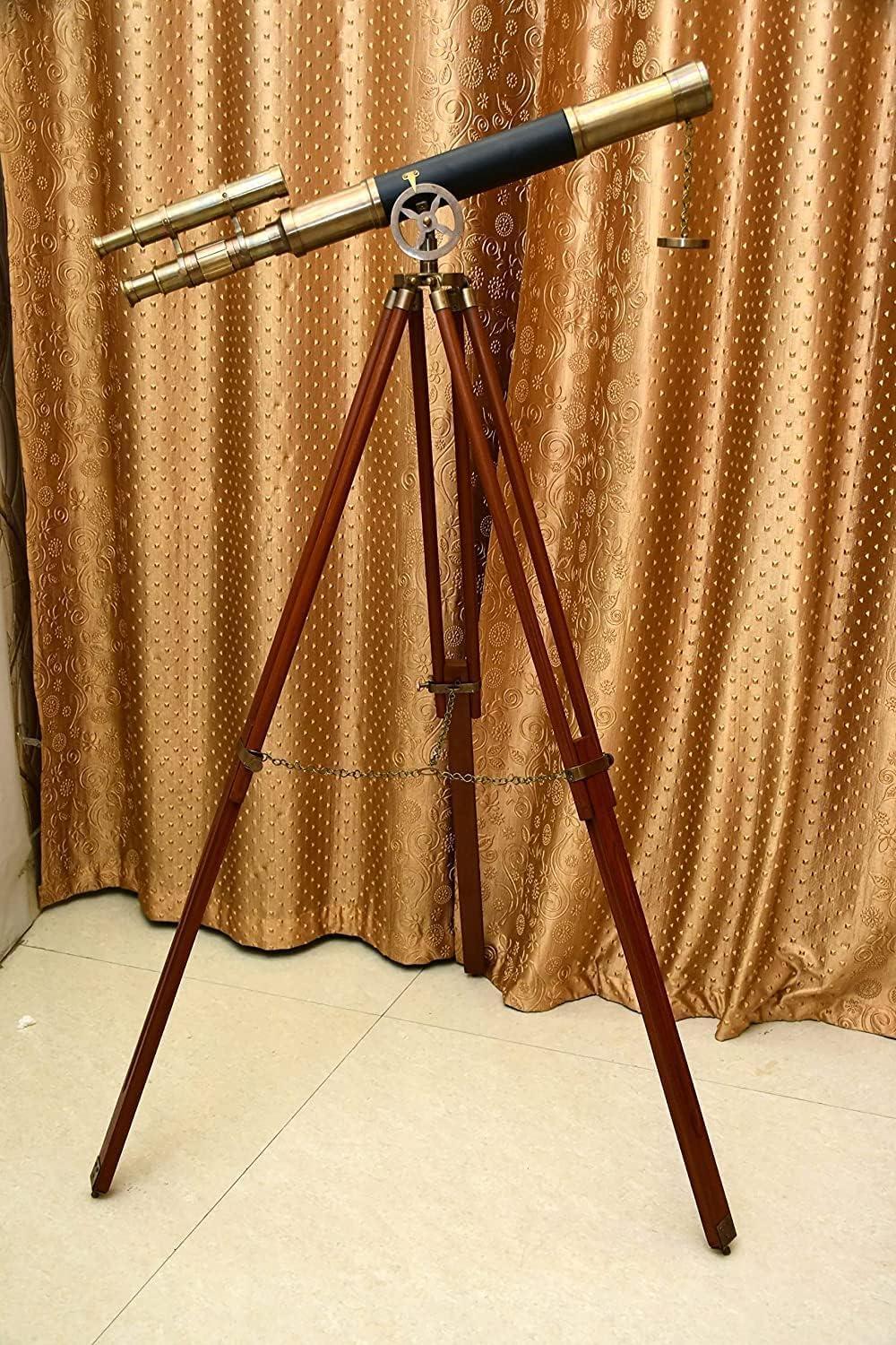 NAVIROCK Nautical Marine Designer Brass Telescope Antique Finish Double Barrel Black Leather Coverd Tube W/Wooden Brown Tripod Floor Standing Royal Handmade Authentic Telescopic - Navirock
