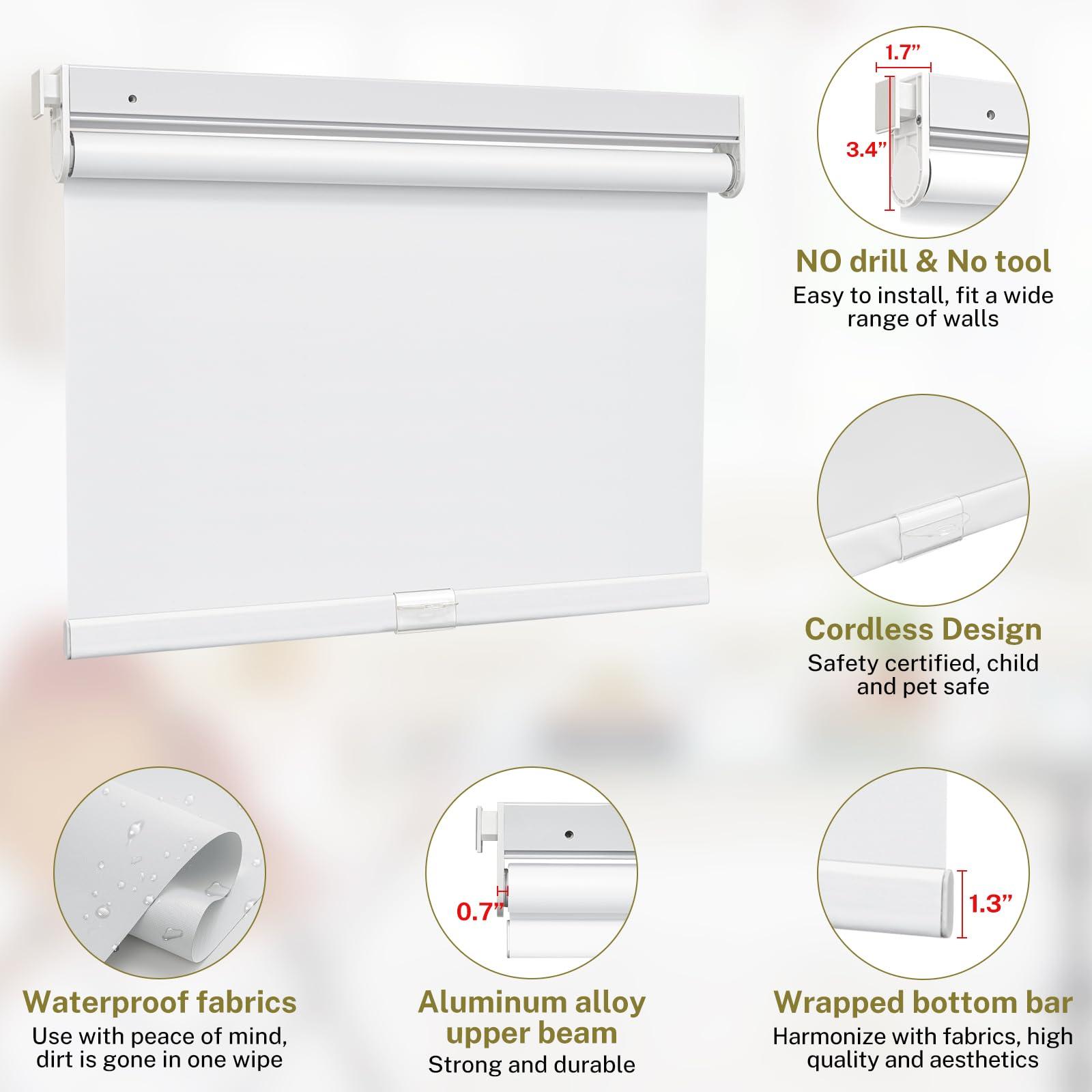 moonice Moonice No Drill Cordless Roller Blinds Waterproof Blackout Blinds for Windows, No Screw Roller Shades Thermal Insulated UV Protection Privacy Window Shades for Home,Office,Bedroom,Door,White