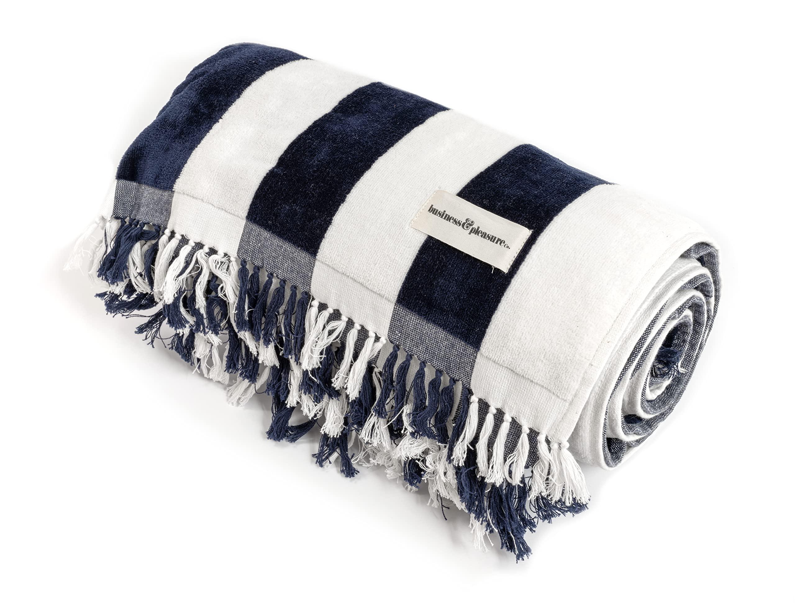 Business & Pleasure Co. Business & Pleasure Co. Holiday Beach Blanket - Perfect for The Beach & Picnics - Oversized Beach Towel with Fringe - Soft 500 GSM Cotton - Navy Capri Stripe