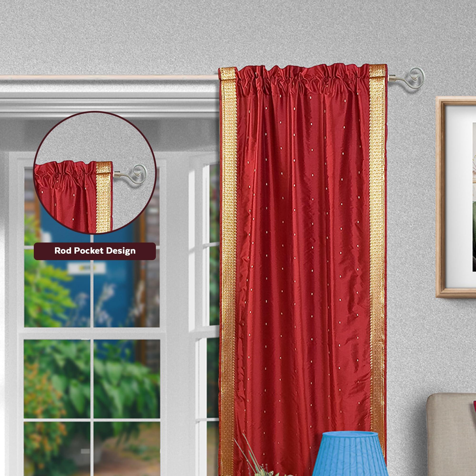 Indian Selections Lined Rod Pocket Sari Curtain 60" W x 63" L - Handcrafted Maroon Indian Drapes with Lining, Offering Enhanced Privacy and Insulation, Perfect for Living Room/Bedroom, Sold in Pairs