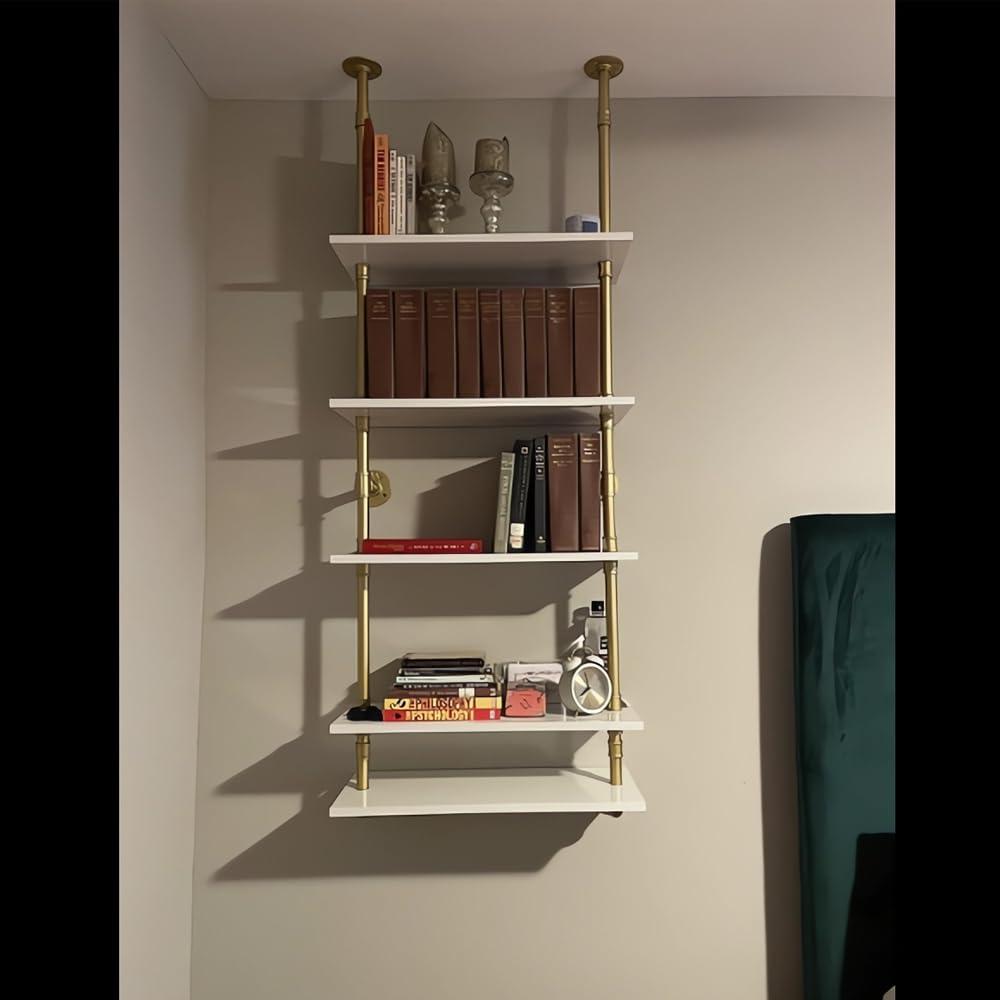 HEONITURE HEONITURE 5 Shelf Modern Gold Bookshelf, Wall Mount White Bookcase, Ladder Shelf with Metal Frame, Display Shelf Shelves for Living Room/Home/Office