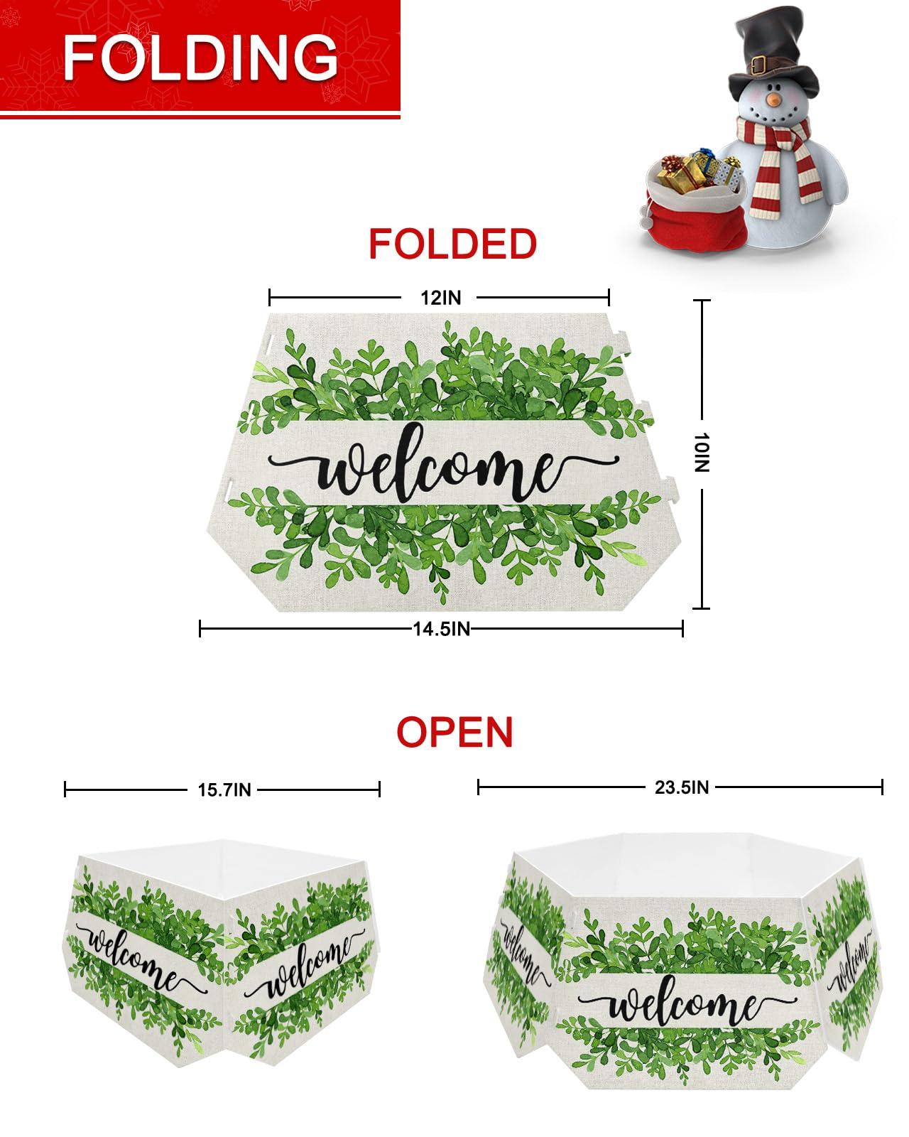 AMZRicher Christmas Tree Collar, Summer Botanical Tree Skirts Xmas Tree Trunk Ring Collar Box Stand Cover for Artificial Trees Base Holder Cover Festival Decor Welcome Green Leaf Rustic Burlap