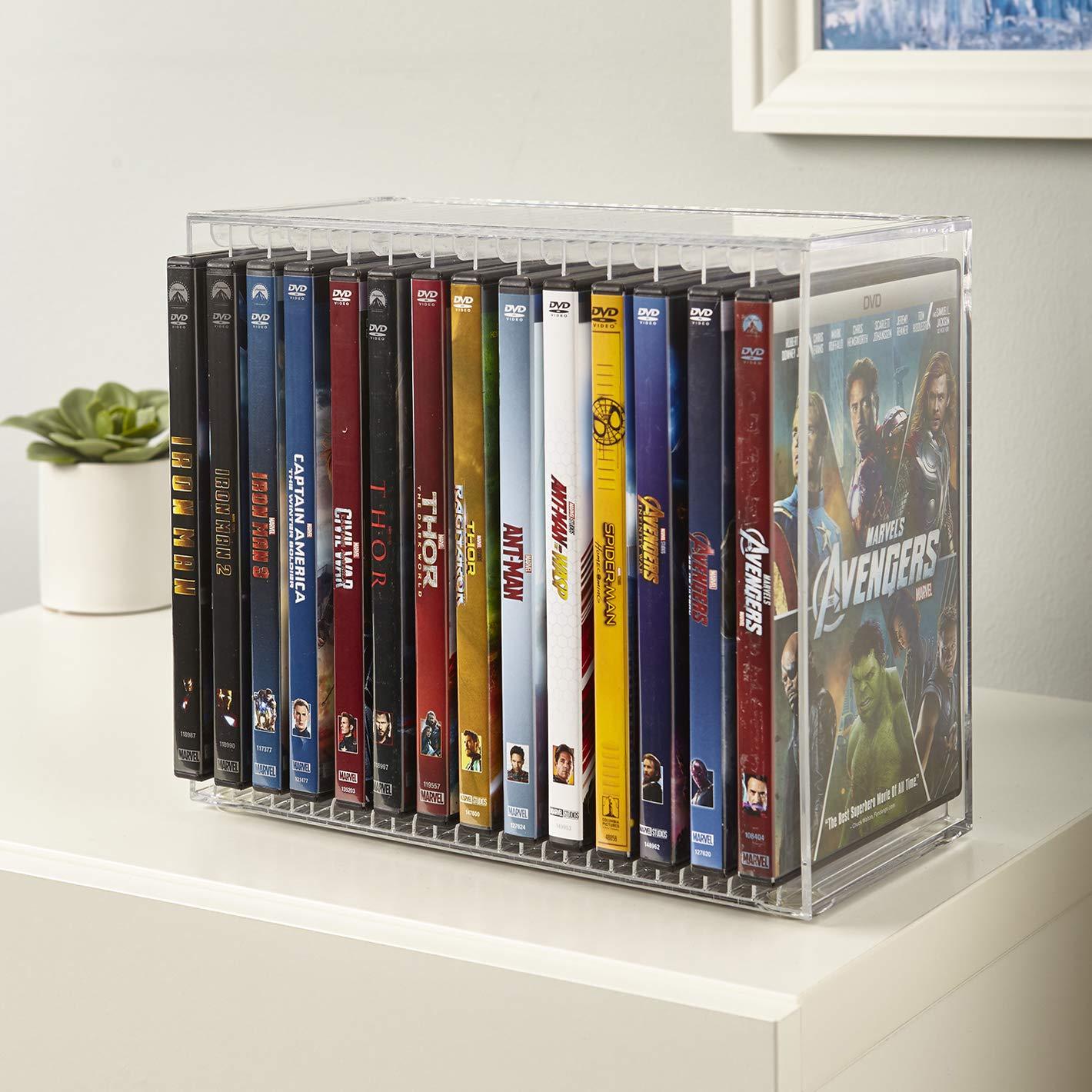 STORi STORi Stackable Clear Plastic DVD Organizer with Rubber Feet | Rectangular Holder Perfect for Theater Room | Holds up to 14 Standard DVD Cases | Made in USA