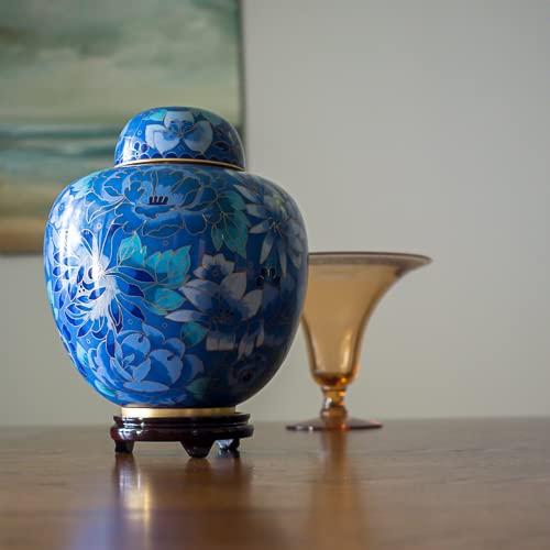 Silverlight Urns Azure Blue Cloisonne Cremation Urn for Ashes, Metal, Blue Enameled Urn, Adult Sized Cremation Urn, 9.5 Inches High