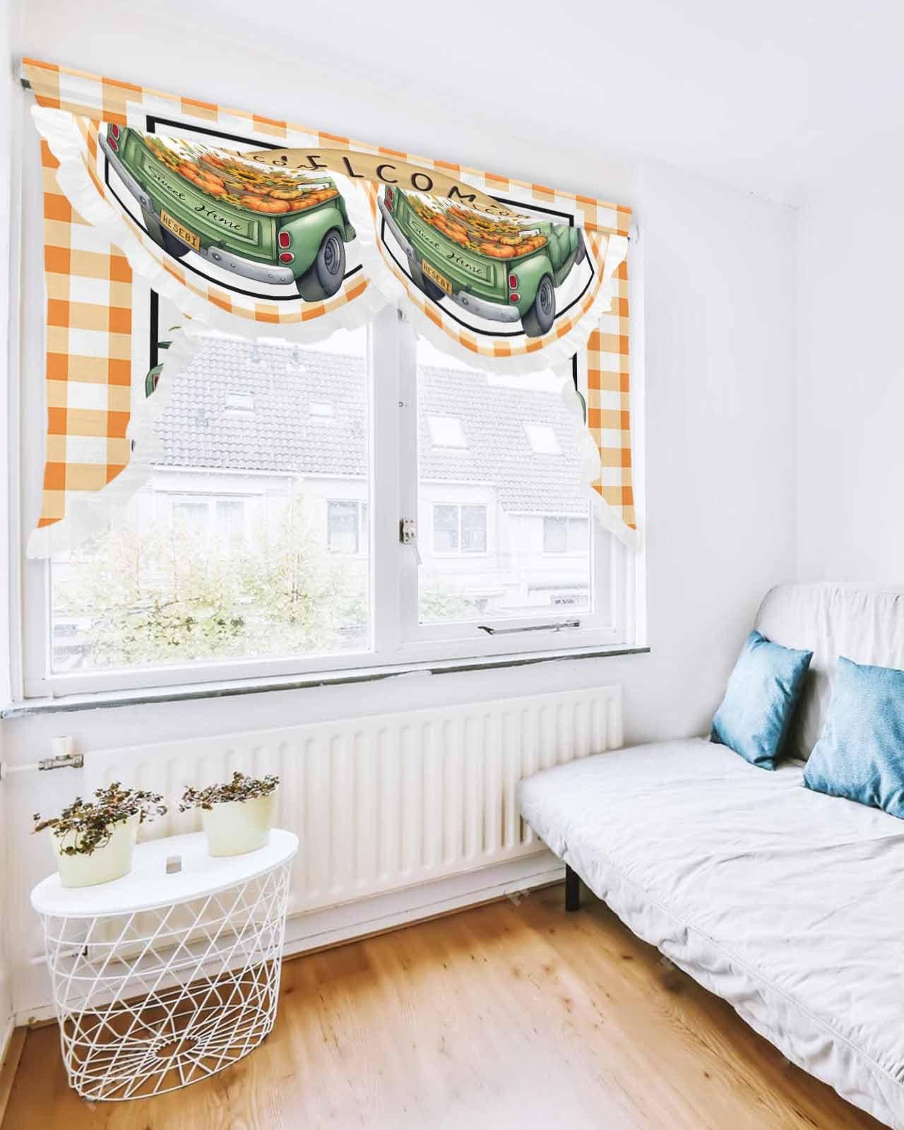 Edwiinsa Fall Green Truck Pumpkin Swag Waterfall Valance for Living Room/Bedroom, Window Curtain Valance Swag with Ruffles Thanksgiving Buffalo Plaid Orange Rod Pocket Tailored Swag Topper Curtains 59\'\'x41.3\'\'