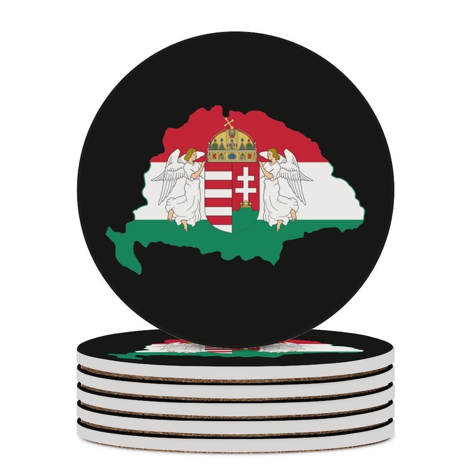 Zenladen Hungary Hungarian Flag Map Ceramic Coasters Absorbent Wooden Coaster Round Cup Holders 6PCS