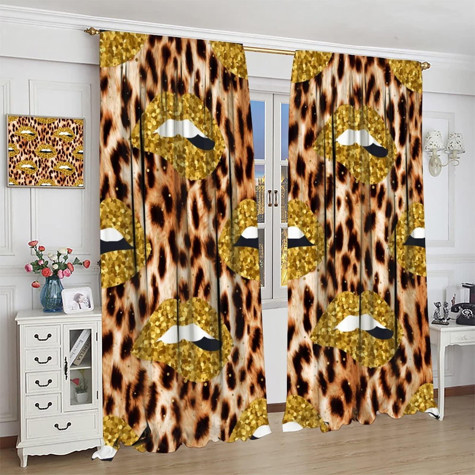 AuiMzoo Lips Curtains, Gilt Sexy Lips African Wildlife Cheetah Leopard Print Theme, Women Women Bedroom Living Room Blackout Curtains, Set of 2 Panels,84X84 Inch