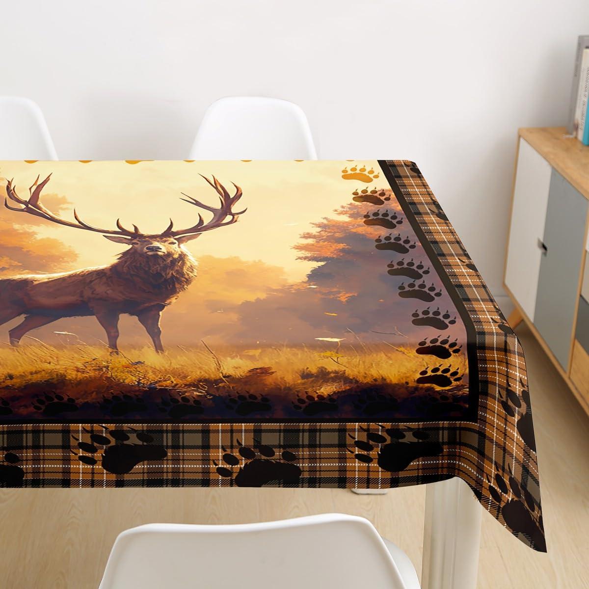 Homewish Homewish Cute Deer Tablecloths for Girls Boys Kids Hunting Wild Elk Deer Table Cover Men Room Decor Tree Paw Print Table Accessories Western Rustic Brown Plaid Print Table Cloth,55\"x71\"