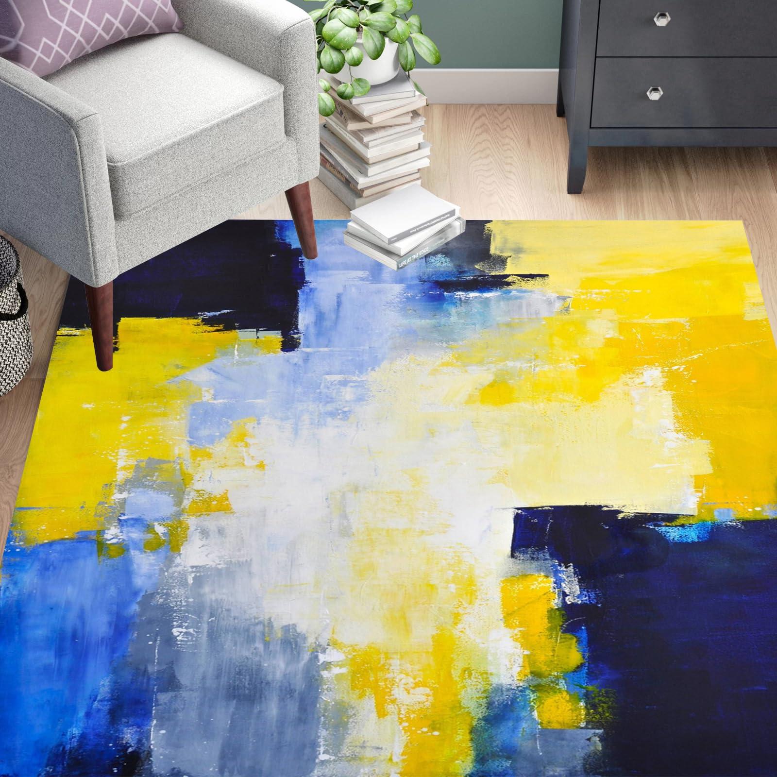 Mamatong Navy Yellow Modern Abstract Square Area Rug 5x5 Faux Wool Ultra Soft Vibrant Rug for Livingroom Bedroom Non-Shedding Floor Carpet Under Dining Table Aesthetic Rug
