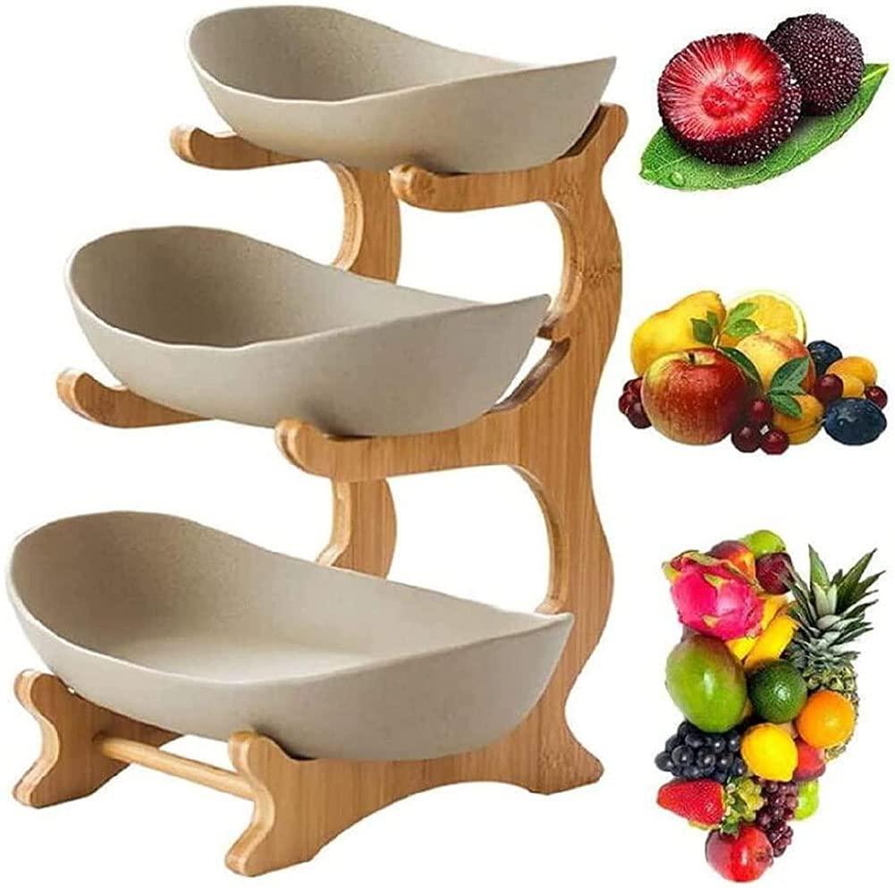 Honent Honent Fruit Basket Fruit Basket, Creative Countertop Ceramic Fruit Cake Stand, 3-Tier Fruit Bowl, Table Decoration Serving Tray, for Fruit, Bread, Snacks, White,Brown