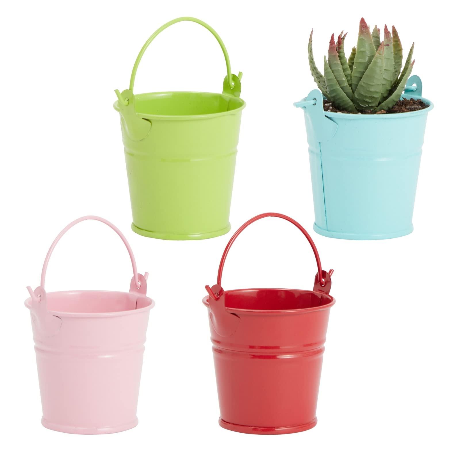 Juvale 24-Pack Mini Metal Buckets - 2-inch Small Colorful Tin Pails for Party Favors (Green, Blue, Pink, Red)