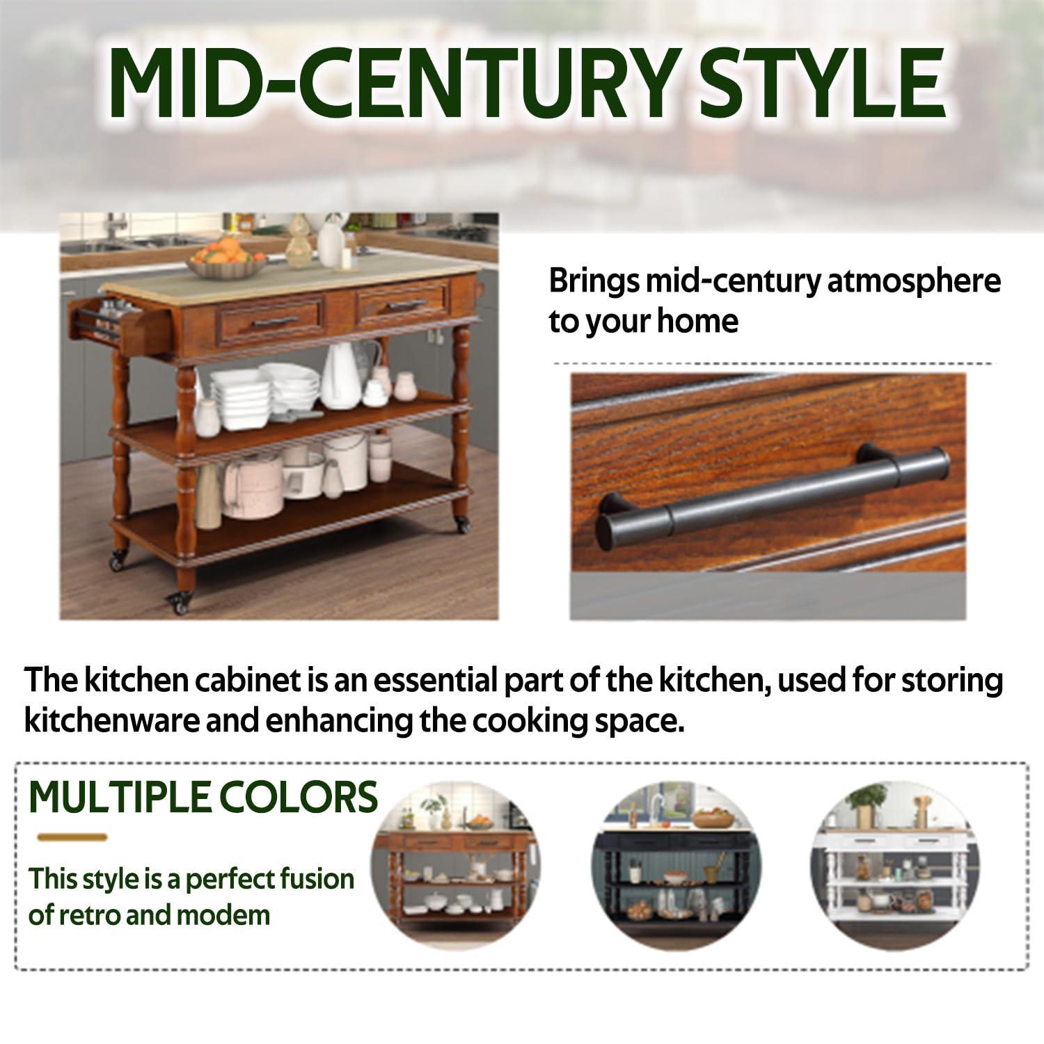 STRYWRD (5-8 days delivery)56 in Rolling Kitchen Island with Solid OAK Wood Top Two-sided Kitchen island Cart on Wheels Wine and Spice Rack Large Kitchen Cart 2 Drawers with Storage Kitchen Cart (Brown)