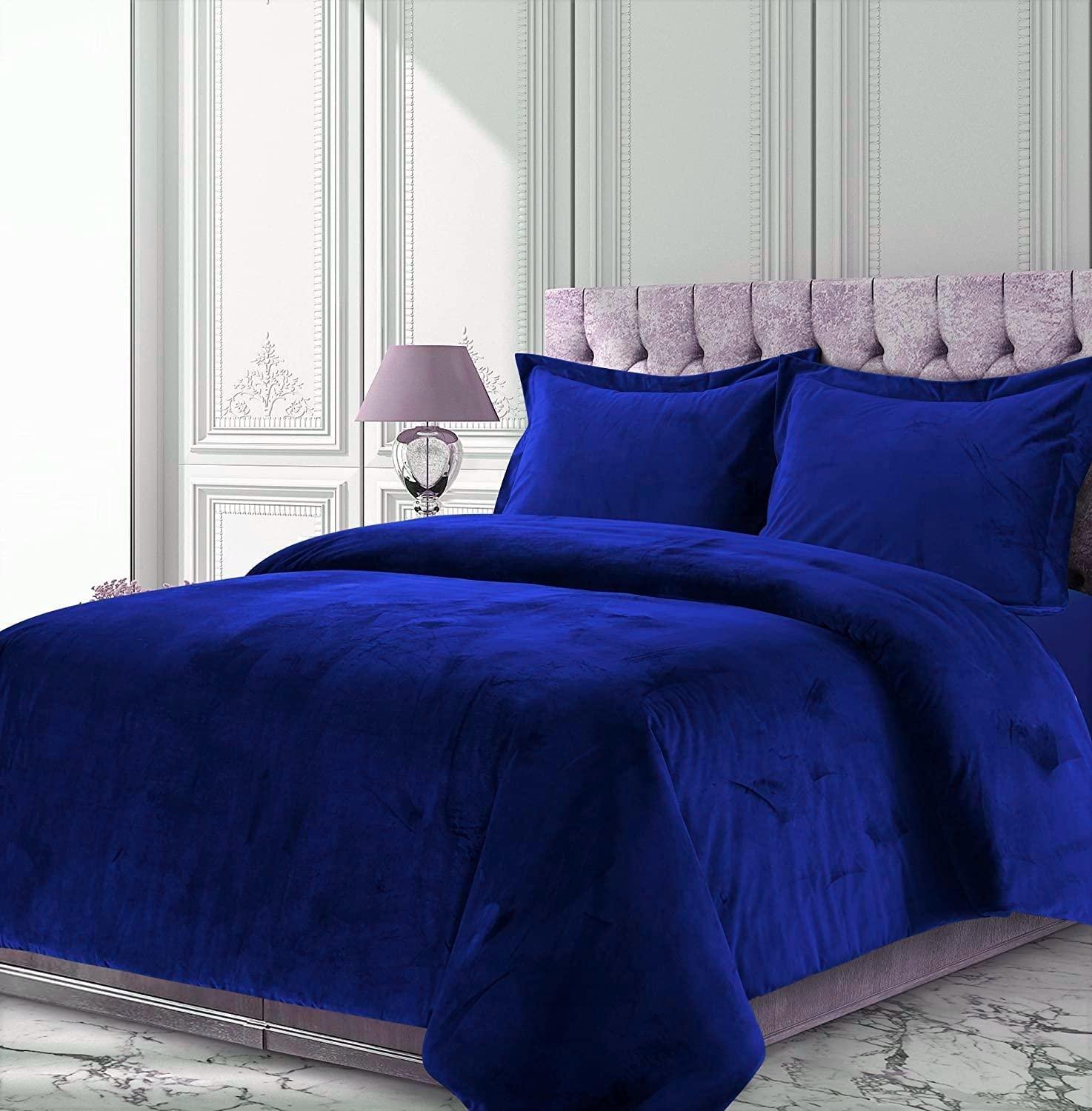 RU BEDDING Premium Crinkle Crushed 600 GSM Royal Blue 88\'\' x 88\'\' Venice Velvet Lush Queen Bedding Comforter Sherpa Quilt Duvet Insert Queen